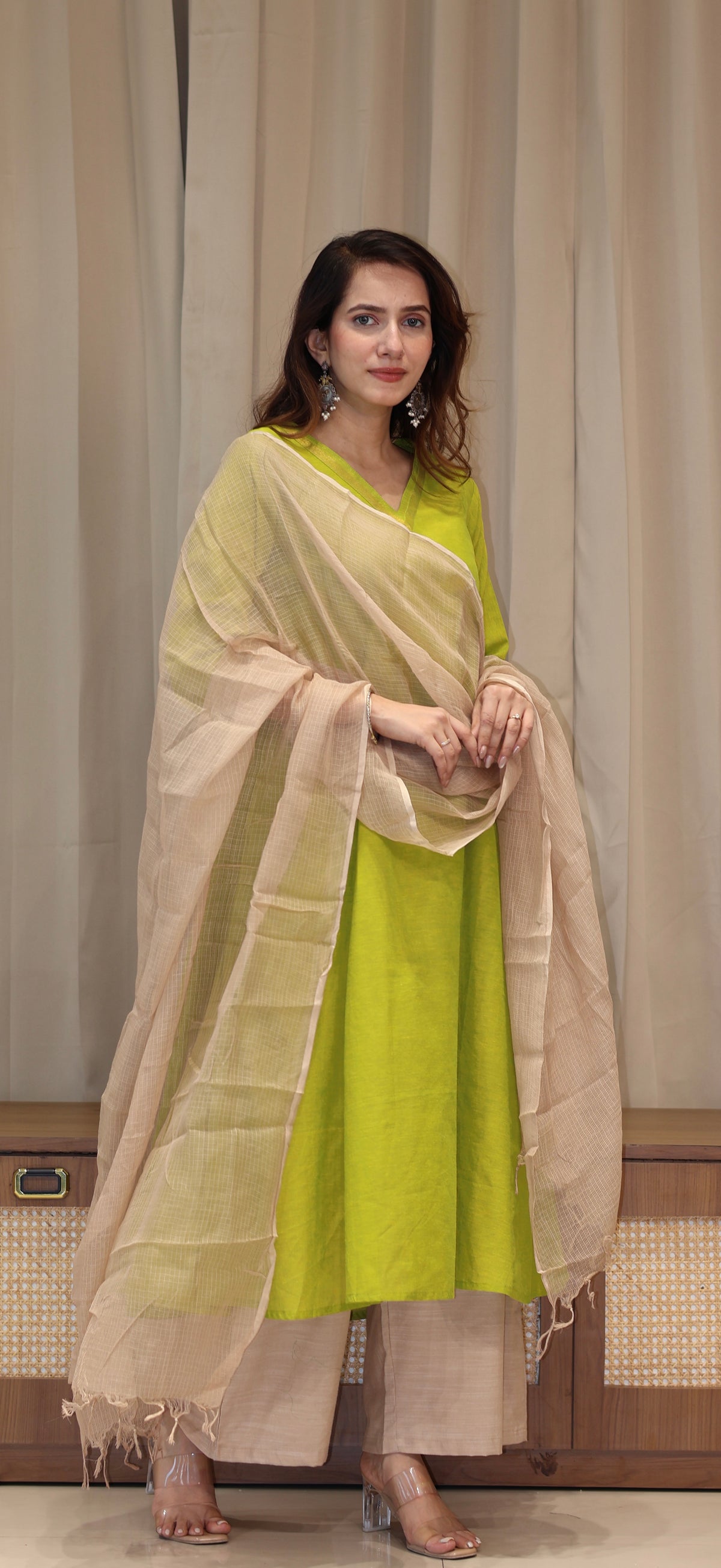 Arva Mangalgiri Cotton Kali Kurta With Nizam Border - Lime Green