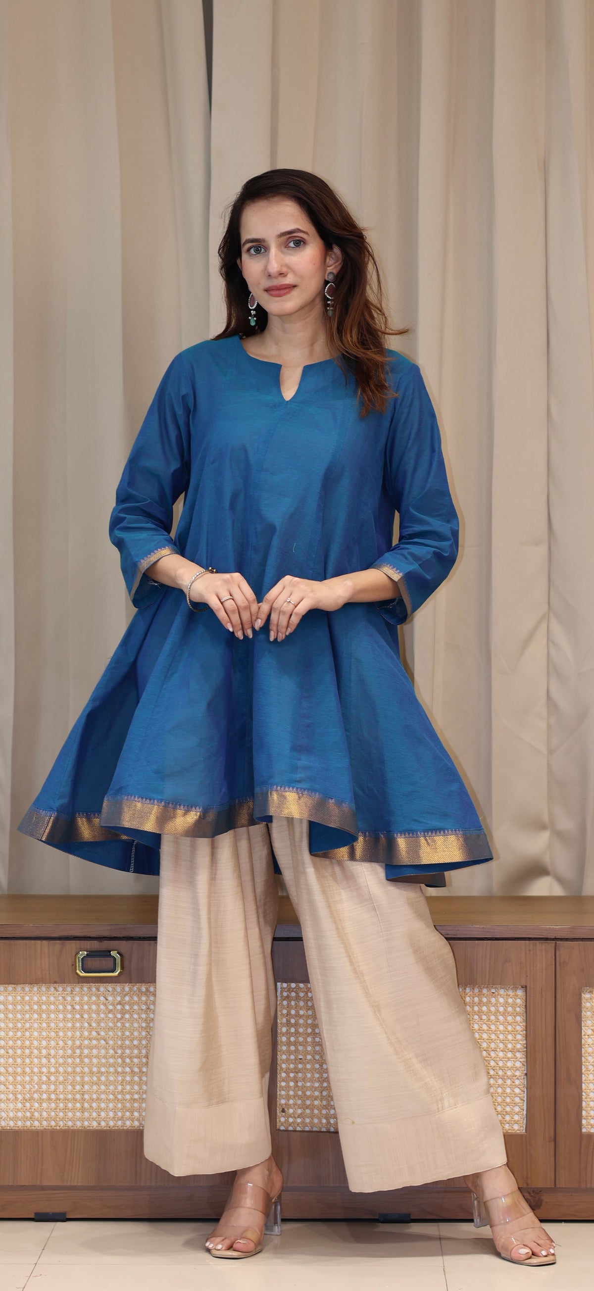 Aanchal Mangalgiri Cotton Kali Kurta Set With Nizam Border - Blue