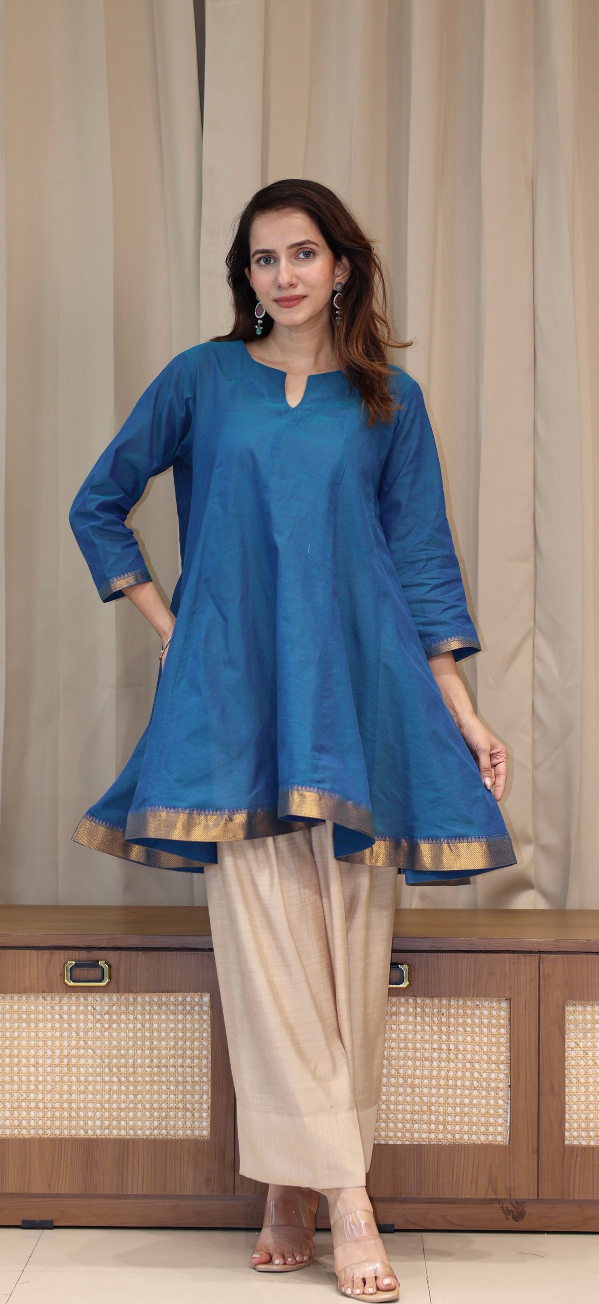 Aanchal Mangalgiri Cotton Kali Kurta Set With Nizam Border - Blue