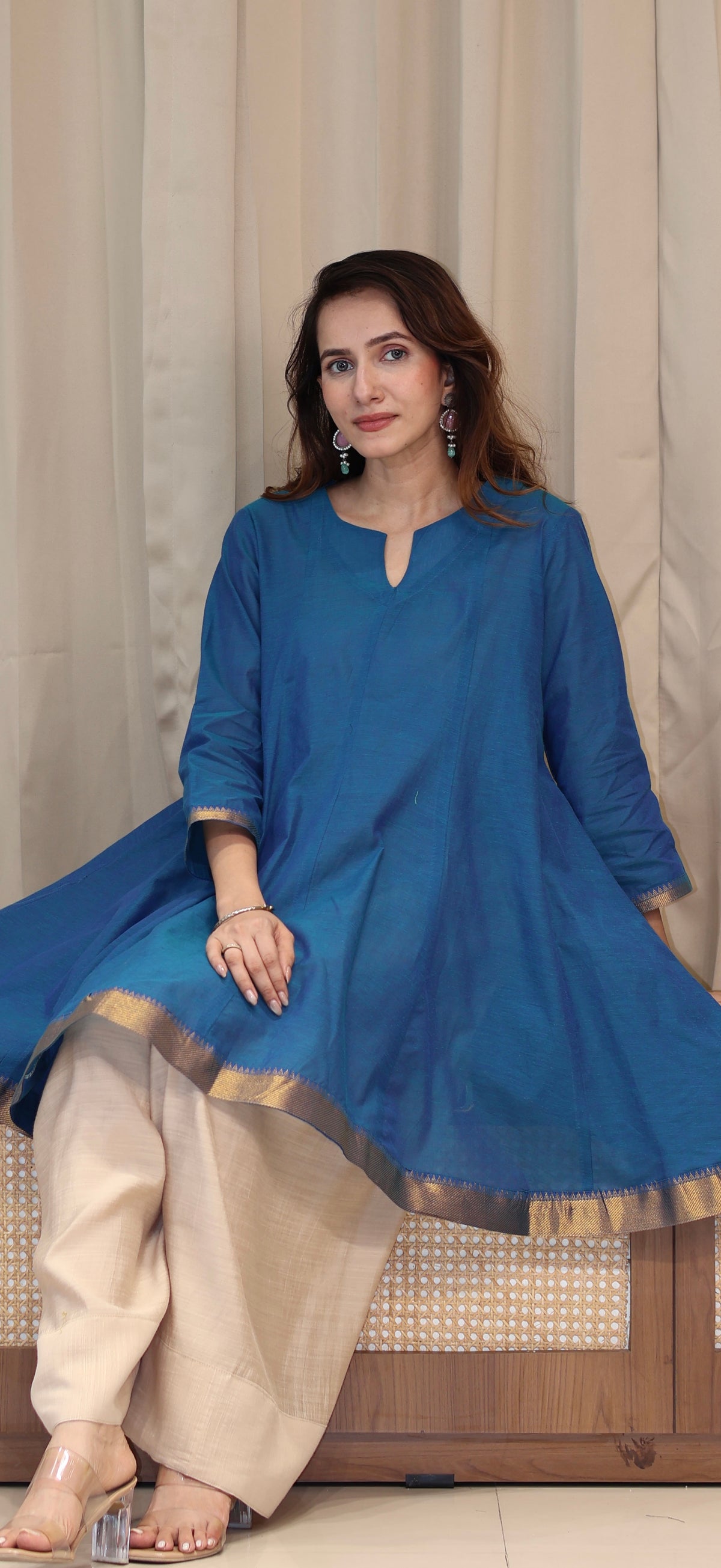 Aanchal Mangalgiri Cotton Kali Kurta Set With Nizam Border - Blue
