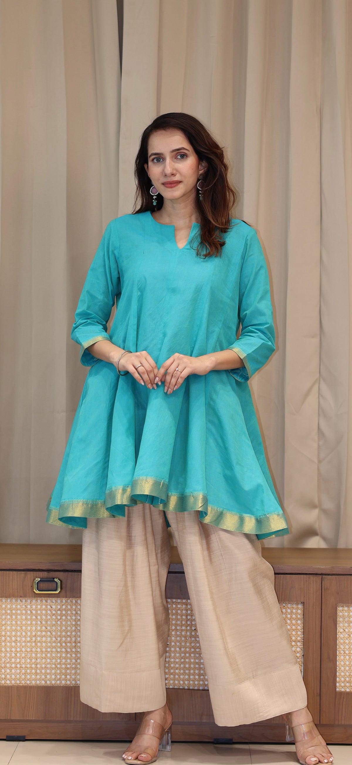 Manali Mangalgiri Cotton Kali Kurta Set With Nizam Border - Turquoise