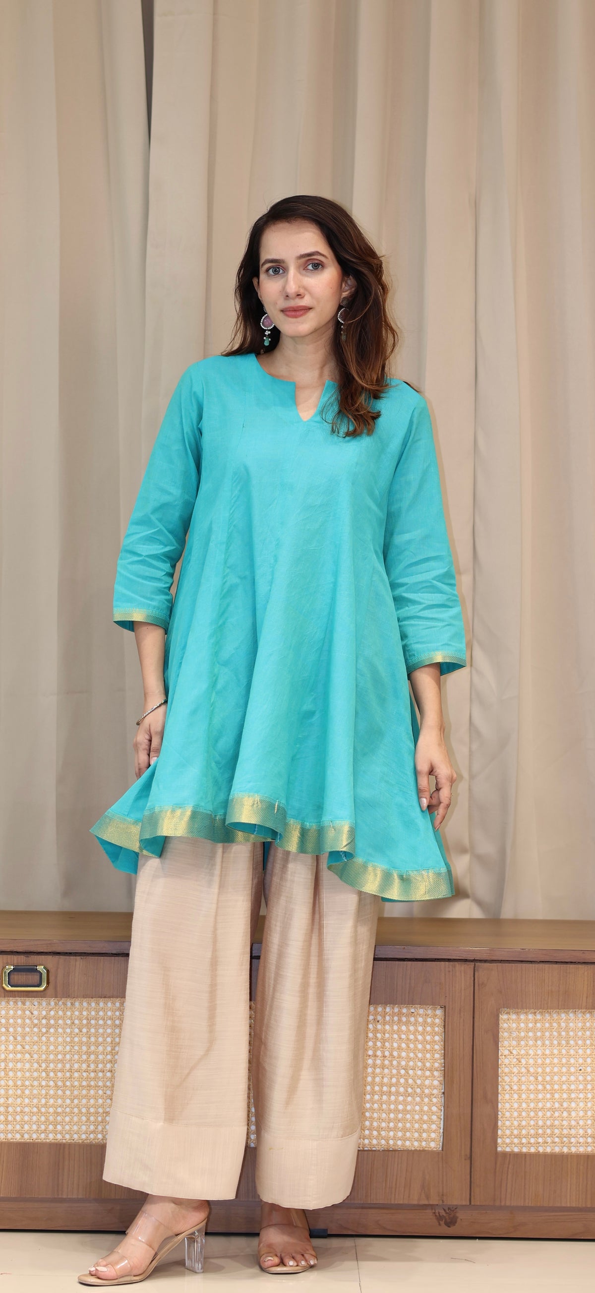 Manali Mangalgiri Cotton Kali Kurta Set With Nizam Border - Turquoise