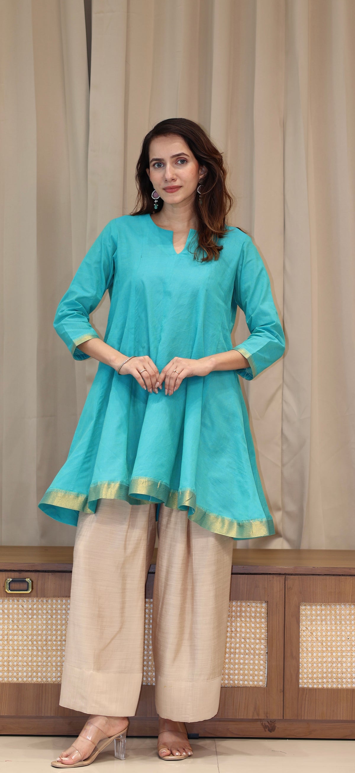 Manali Mangalgiri Cotton Kali Kurta Set With Nizam Border - Turquoise