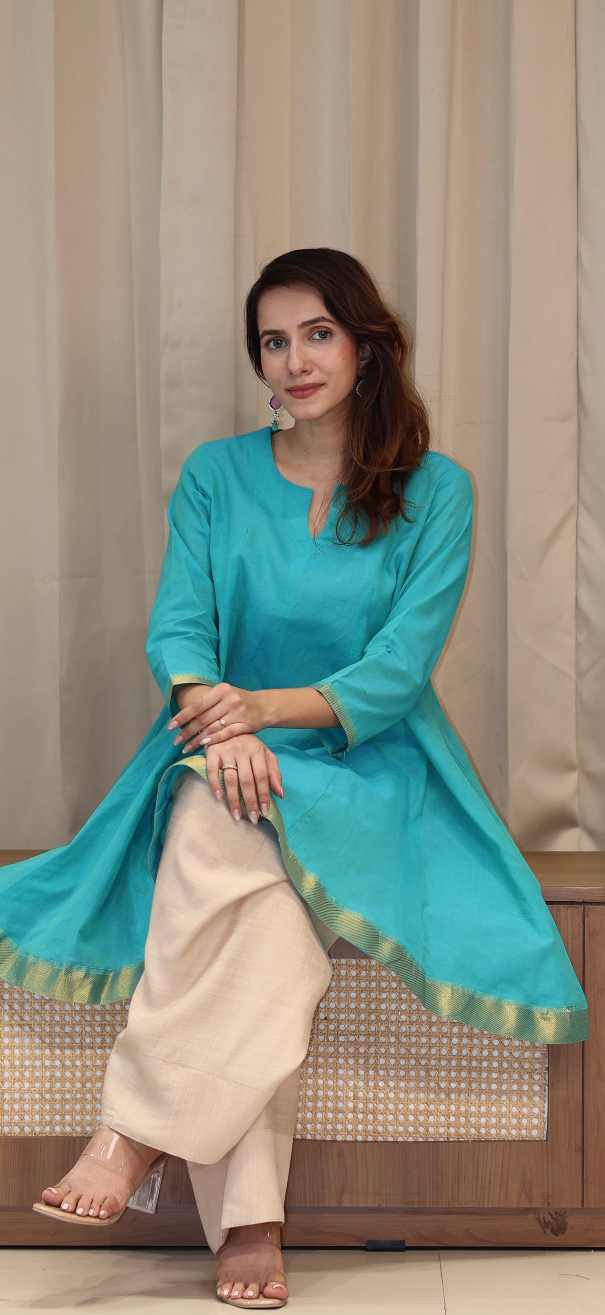 Manali Mangalgiri Cotton Kali Kurta Set With Nizam Border - Turquoise