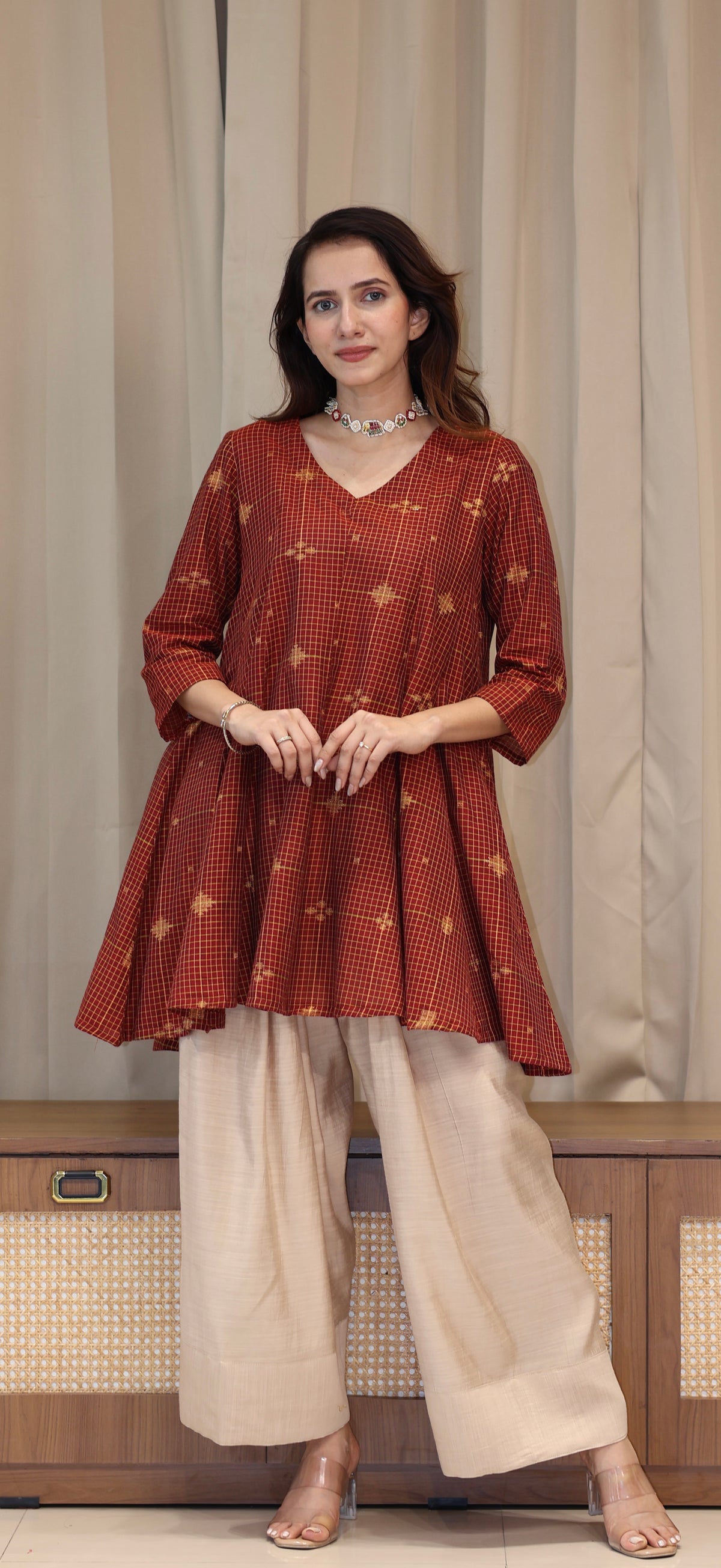 Zeenat Zari Handwoven Cotton Kali Kurta Set - Maroon