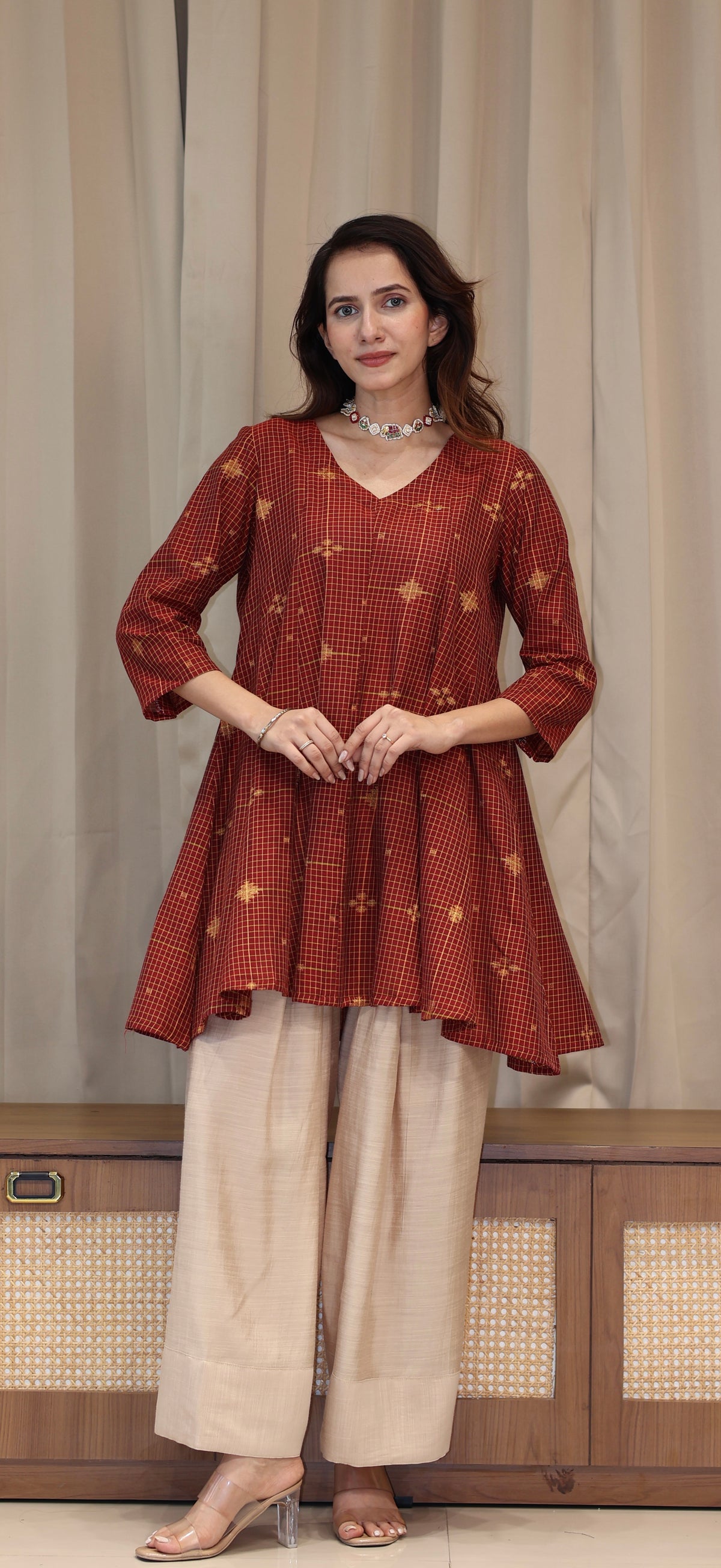 Zeenat Zari Handwoven Cotton Kali Kurta Set - Maroon