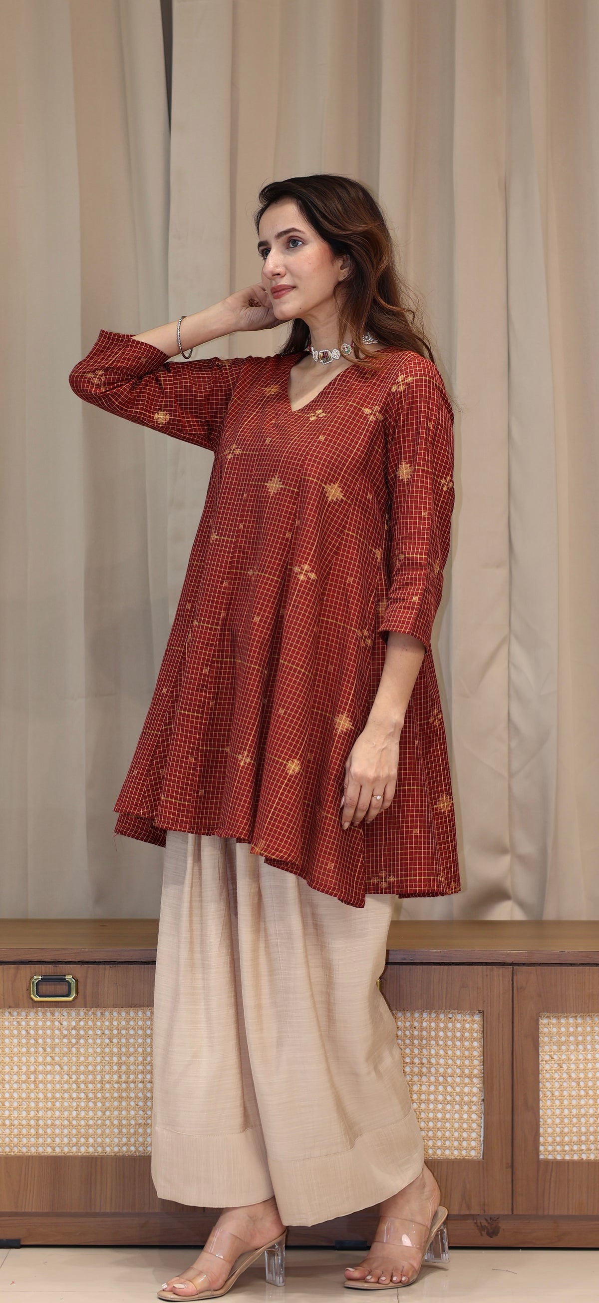 Zeenat Zari Handwoven Cotton Kali Kurta Set - Maroon