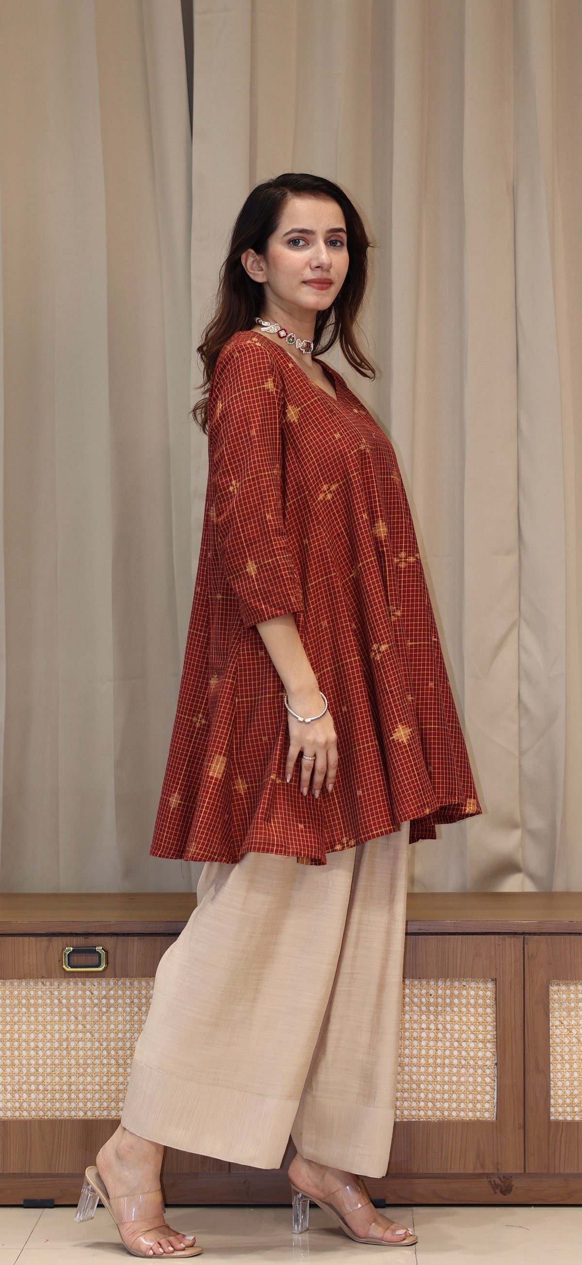Zeenat Zari Handwoven Cotton Kali Kurta Set - Maroon