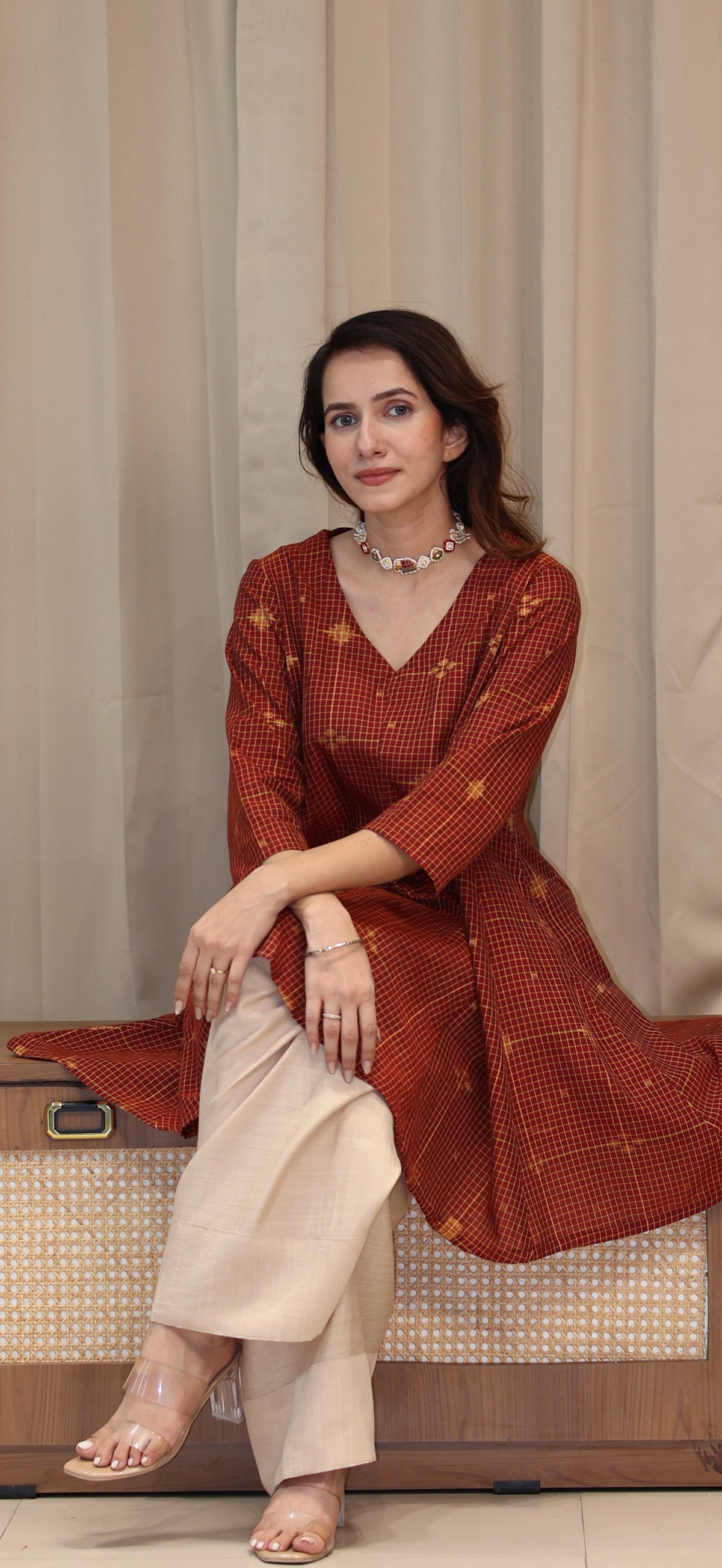 Zeenat Zari Handwoven Cotton Kali Kurta Set - Maroon