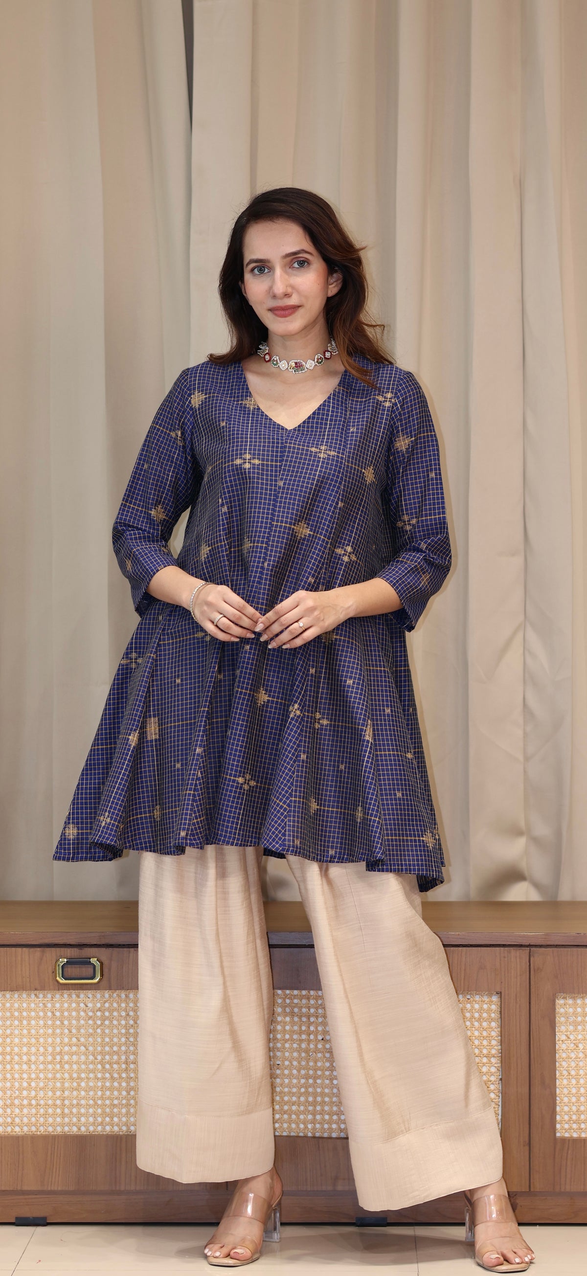 Chaitali Zari Handwoven Cotton Kali Kurta Set - Navy Blue