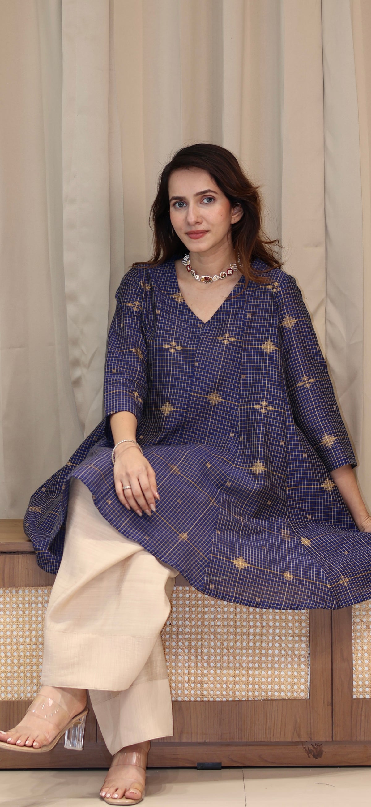 Chaitali Zari Handwoven Cotton Kali Kurta Set - Navy Blue