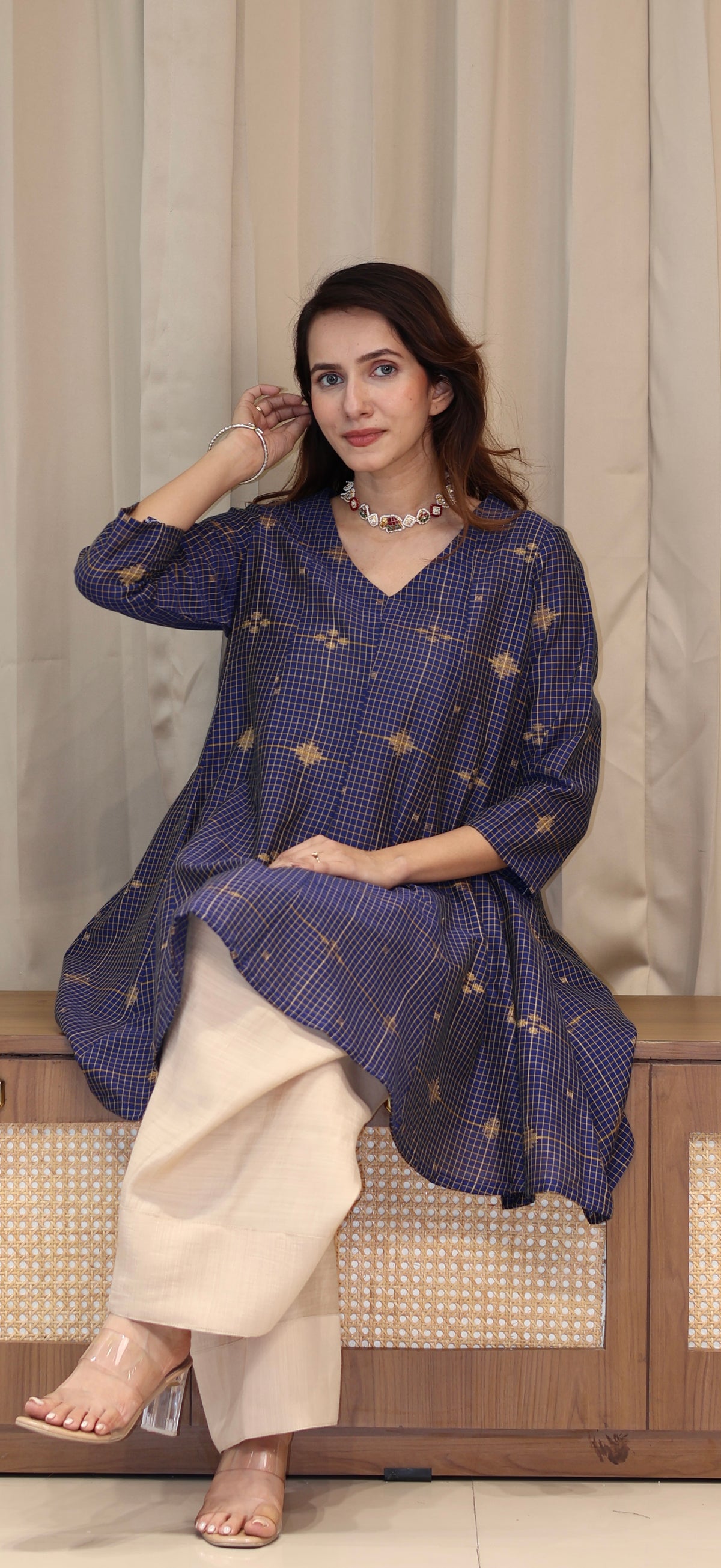 Chaitali Zari Handwoven Cotton Kali Kurta Set - Navy Blue
