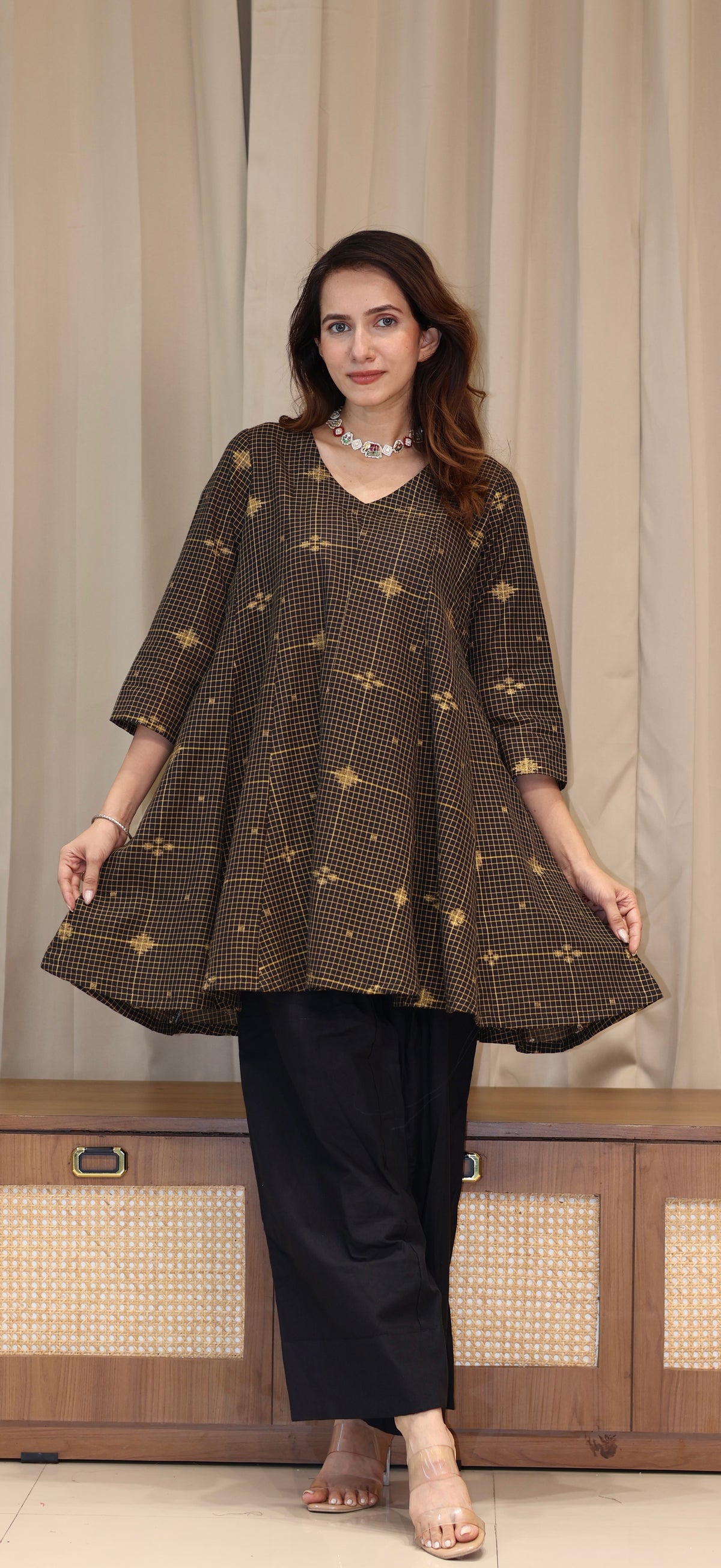 Paakiza Zari Handwoven Cotton Kali Kurta Set - Black
