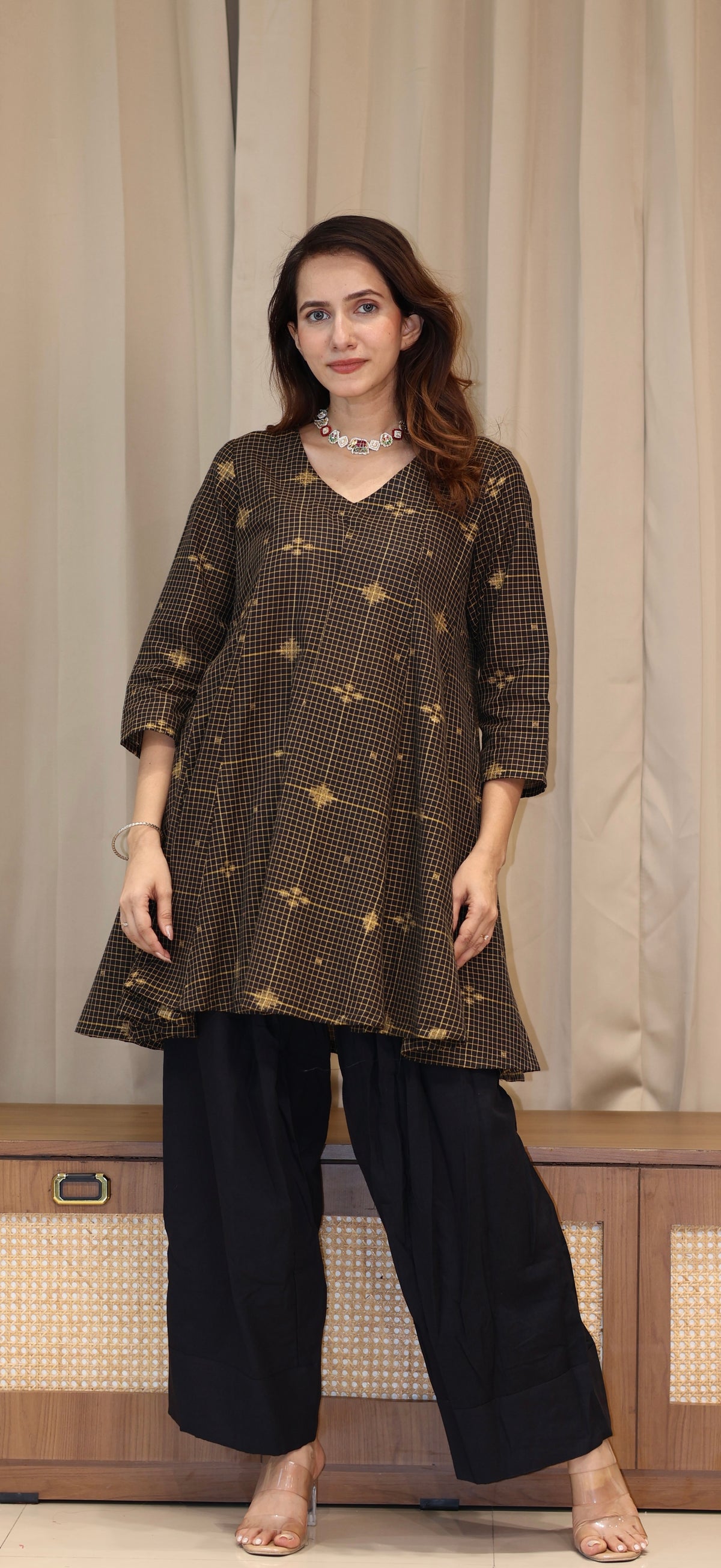 Paakiza Zari Handwoven Cotton Kali Kurta Set - Black