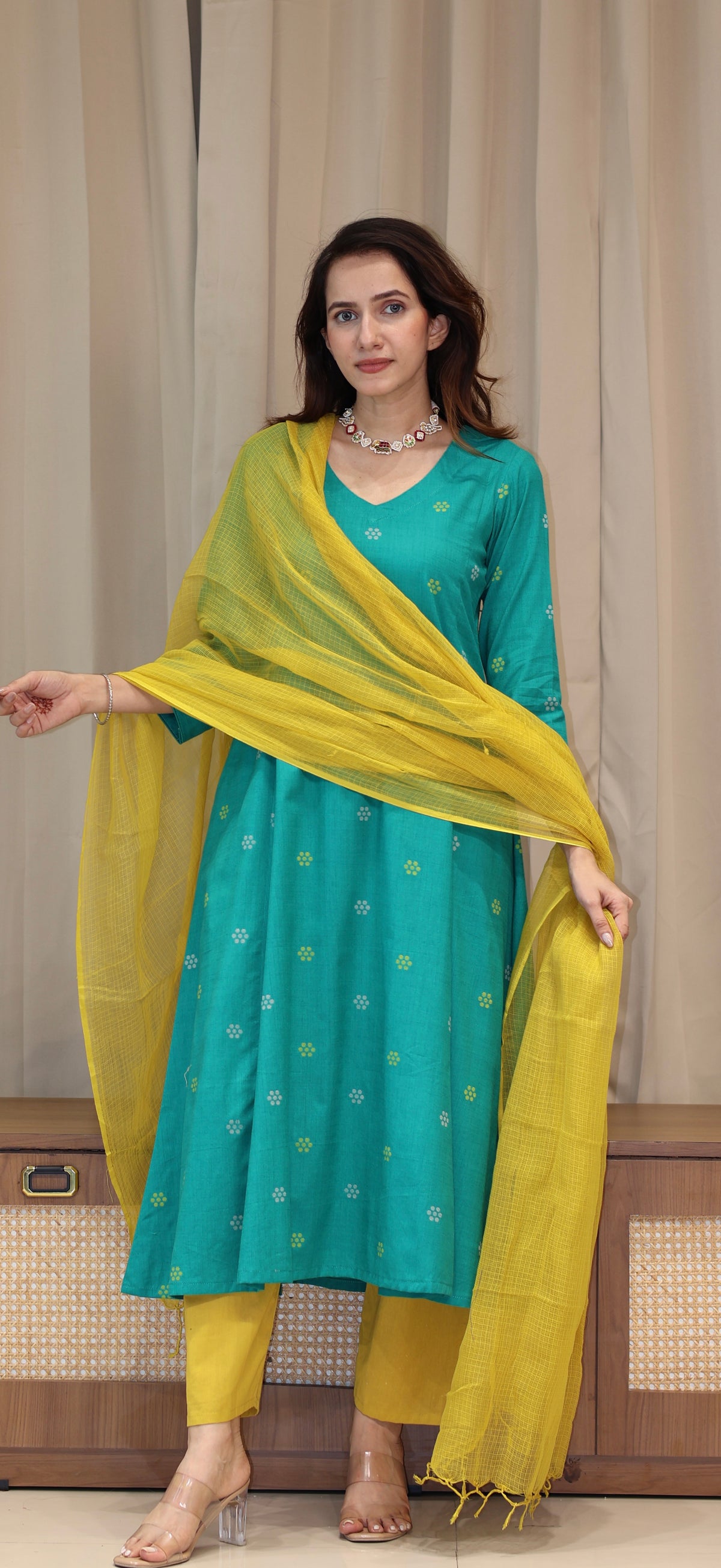 Nirjara Mercerised Cotton Handwoven Kurta - Turquoise