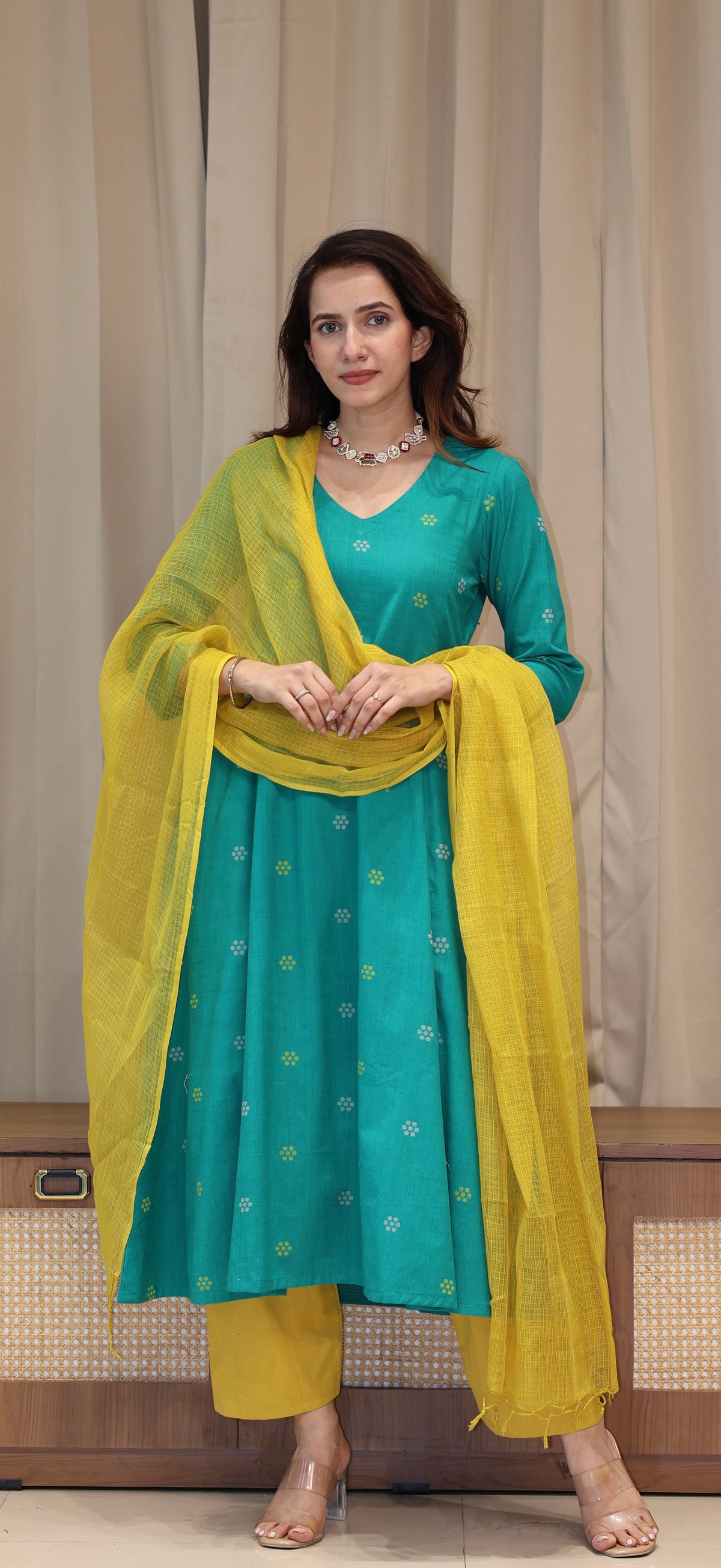 Nirjara Mercerised Cotton Handwoven Kurta - Turquoise