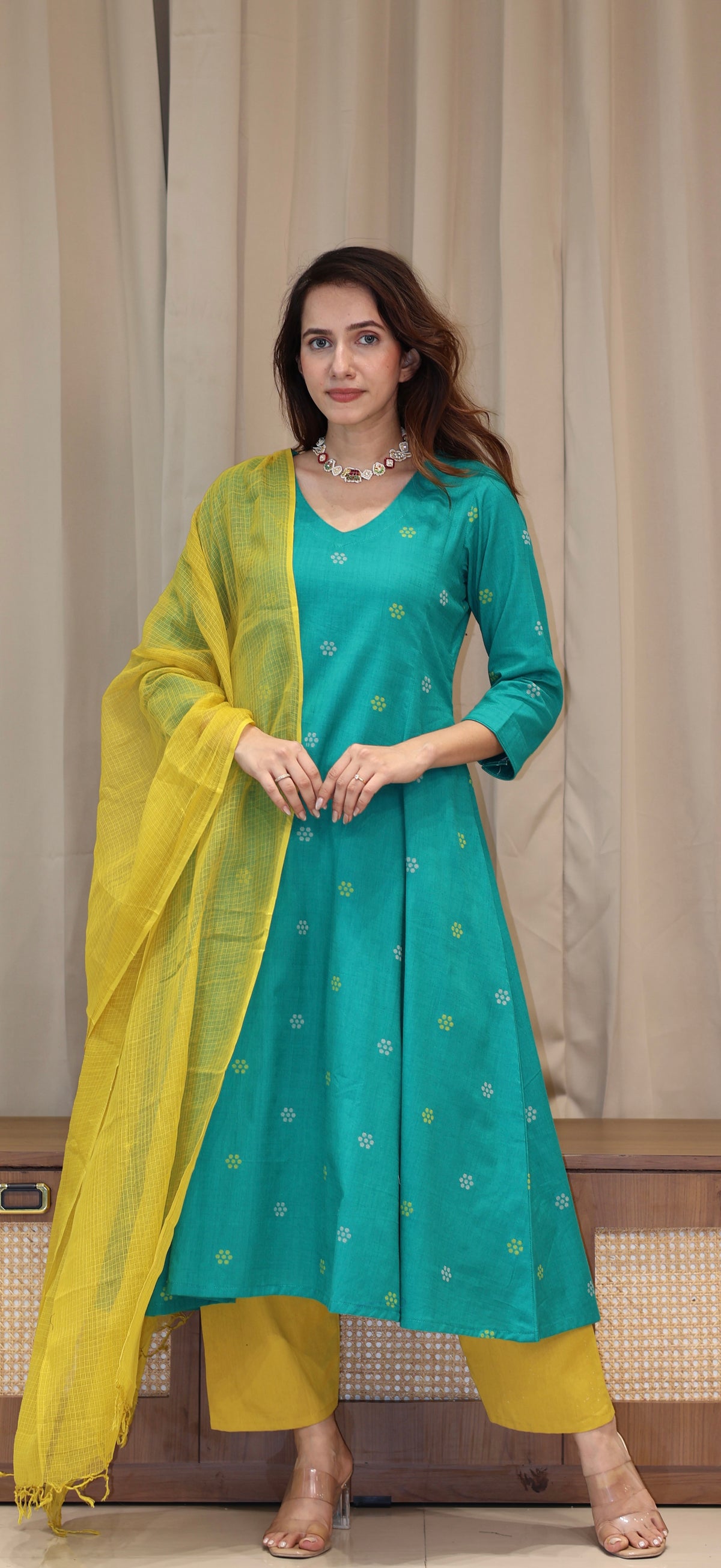 Nirjara Mercerised Cotton Handwoven Kurta - Turquoise