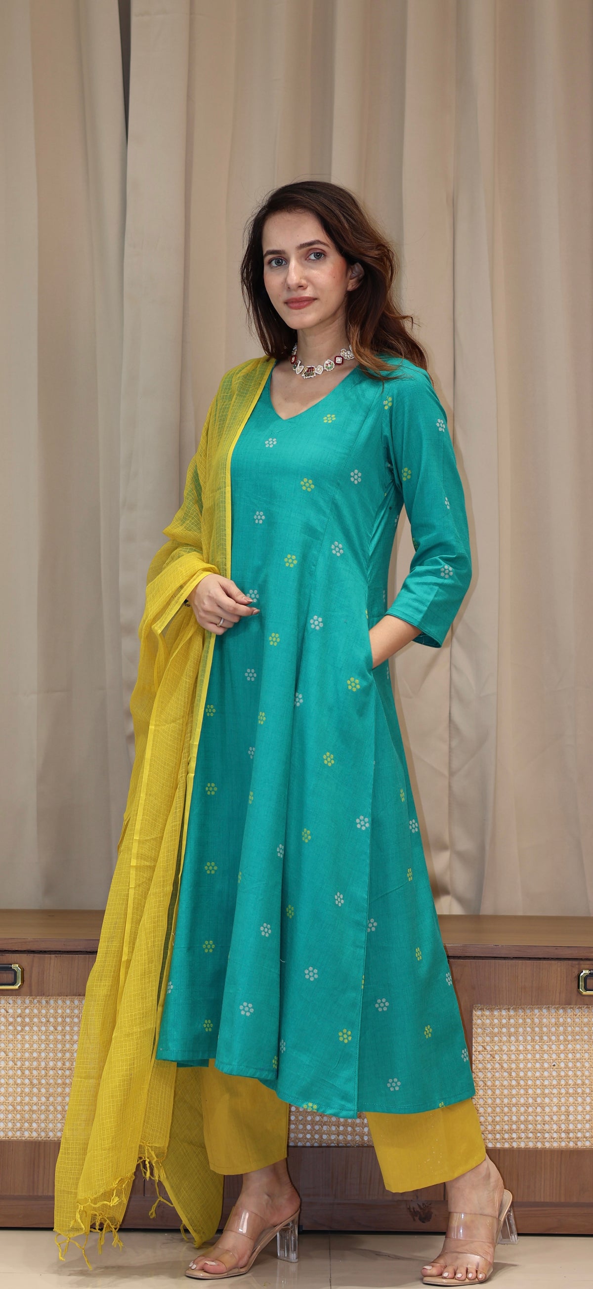Nirjara Mercerised Cotton Handwoven Kurta - Turquoise