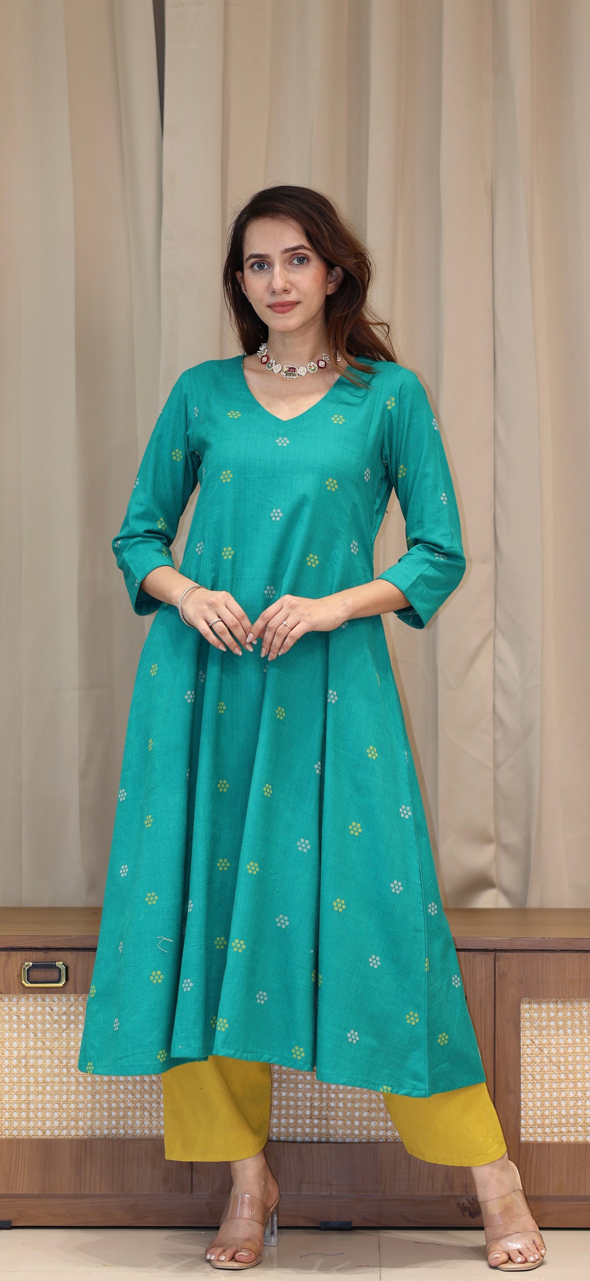 Nirjara Mercerised Cotton Handwoven Kurta - Turquoise