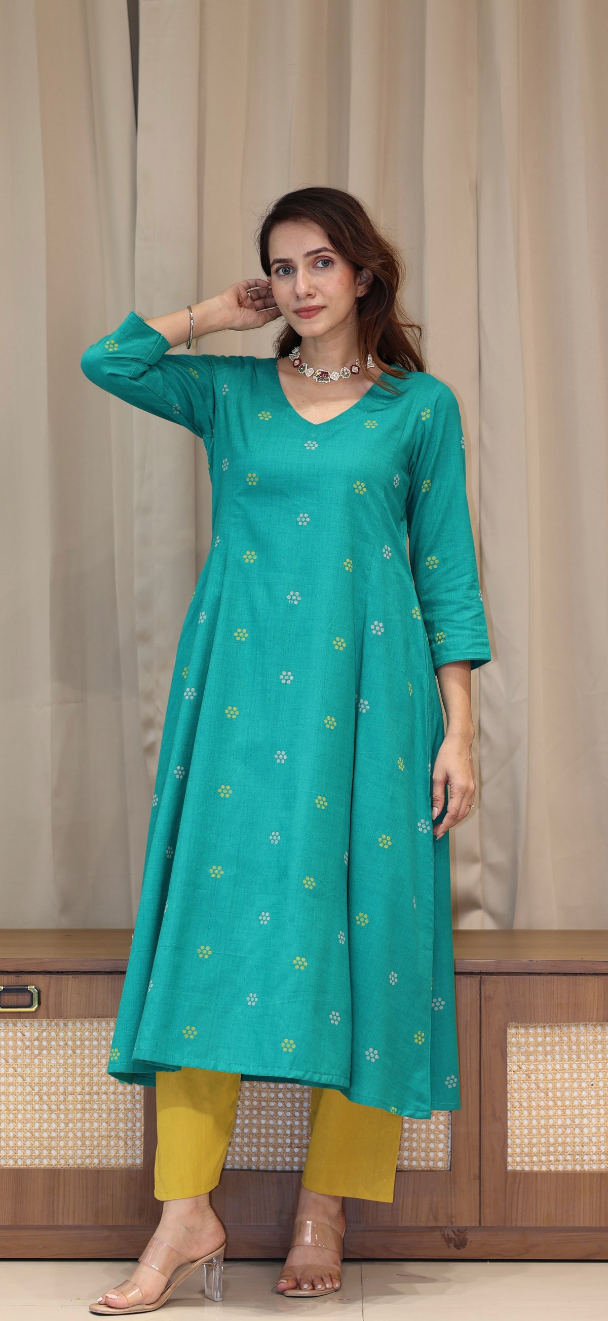 Nirjara Mercerised Cotton Handwoven Kurta - Turquoise