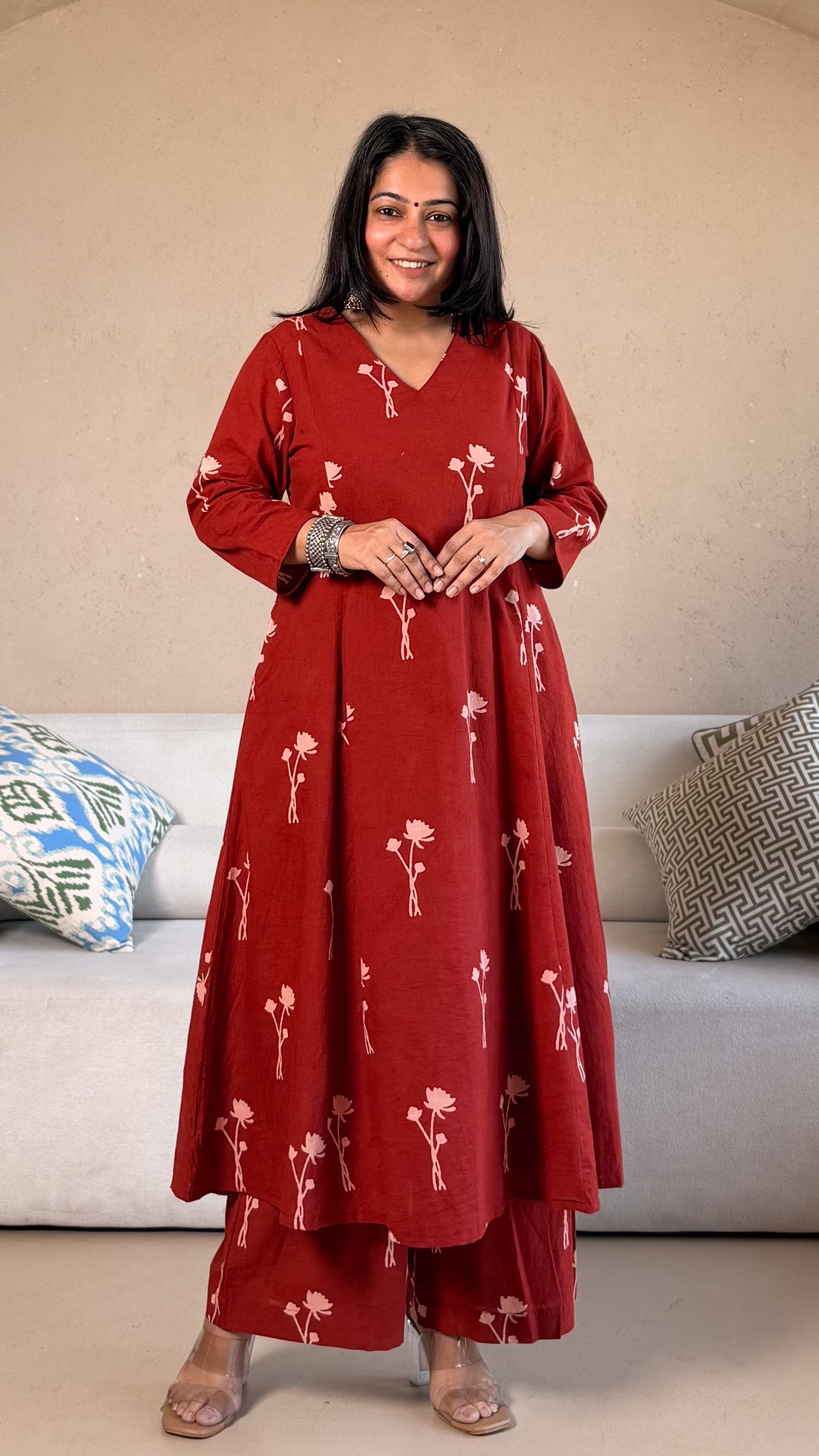 Sanaya Ajrakh Cotton Hand Block Kurta Set- Red