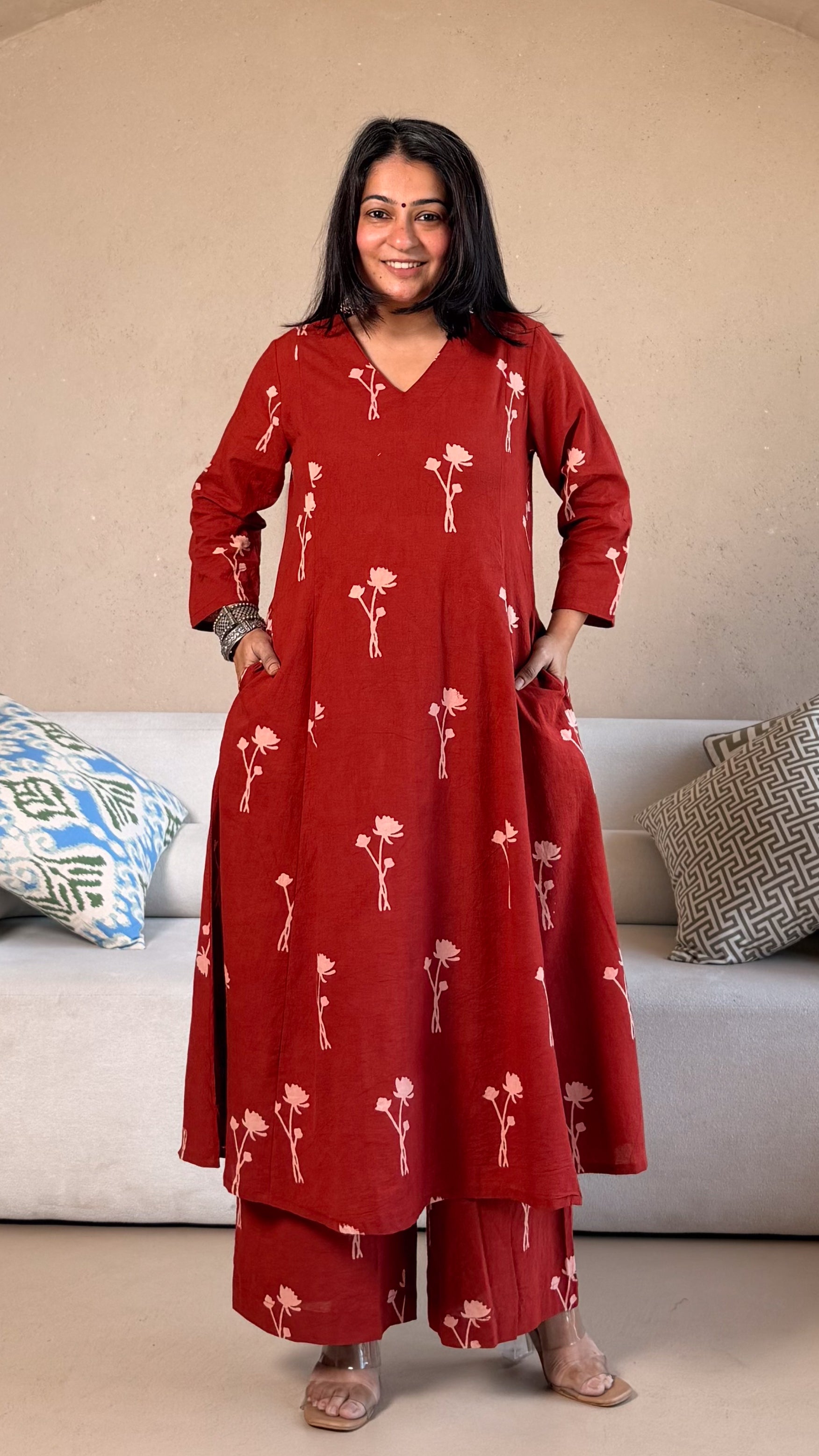 Sanaya Ajrakh Cotton Hand Block Kurta Set- Red