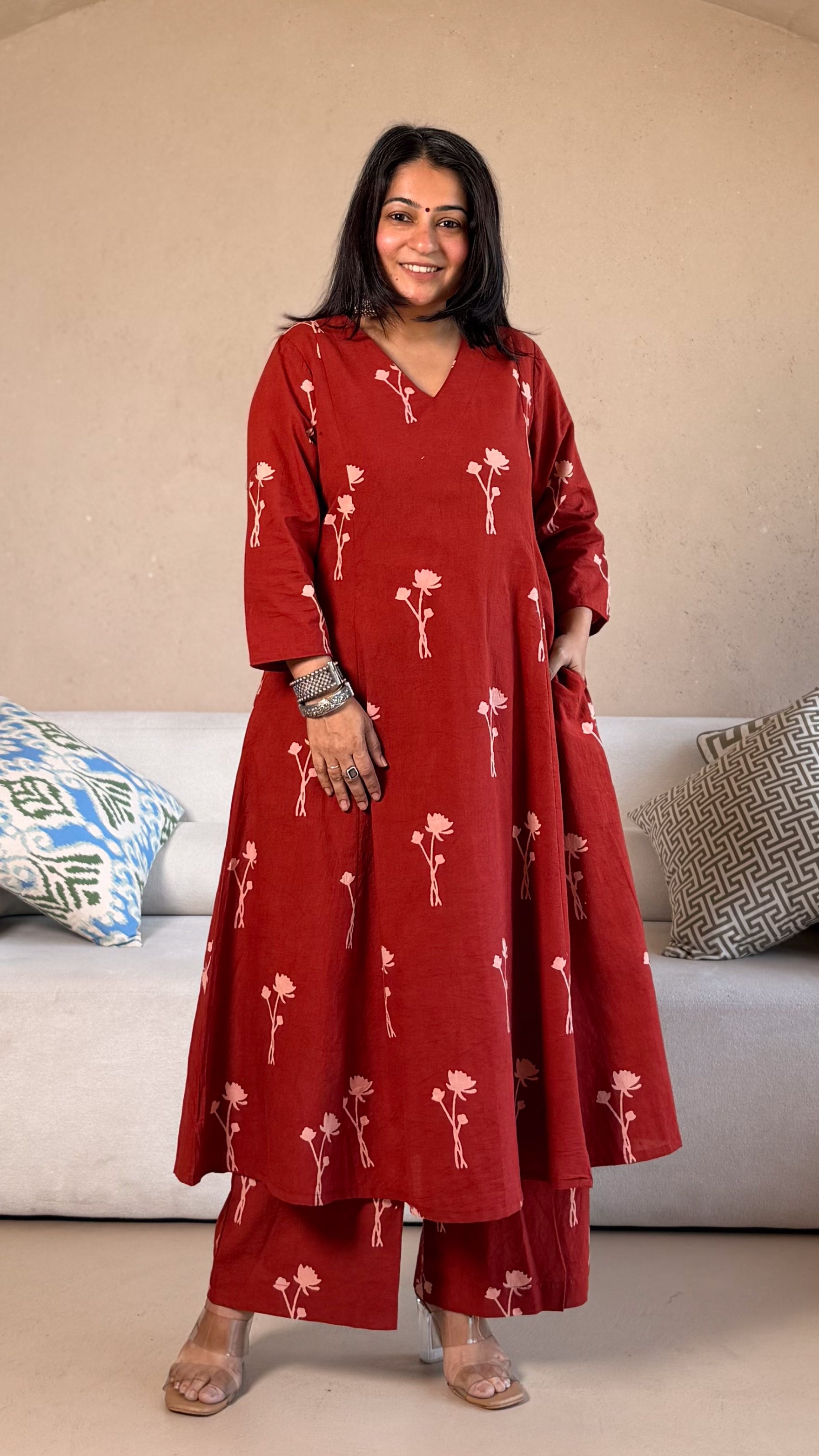Sanaya Ajrakh Cotton Hand Block Kurta Set- Red
