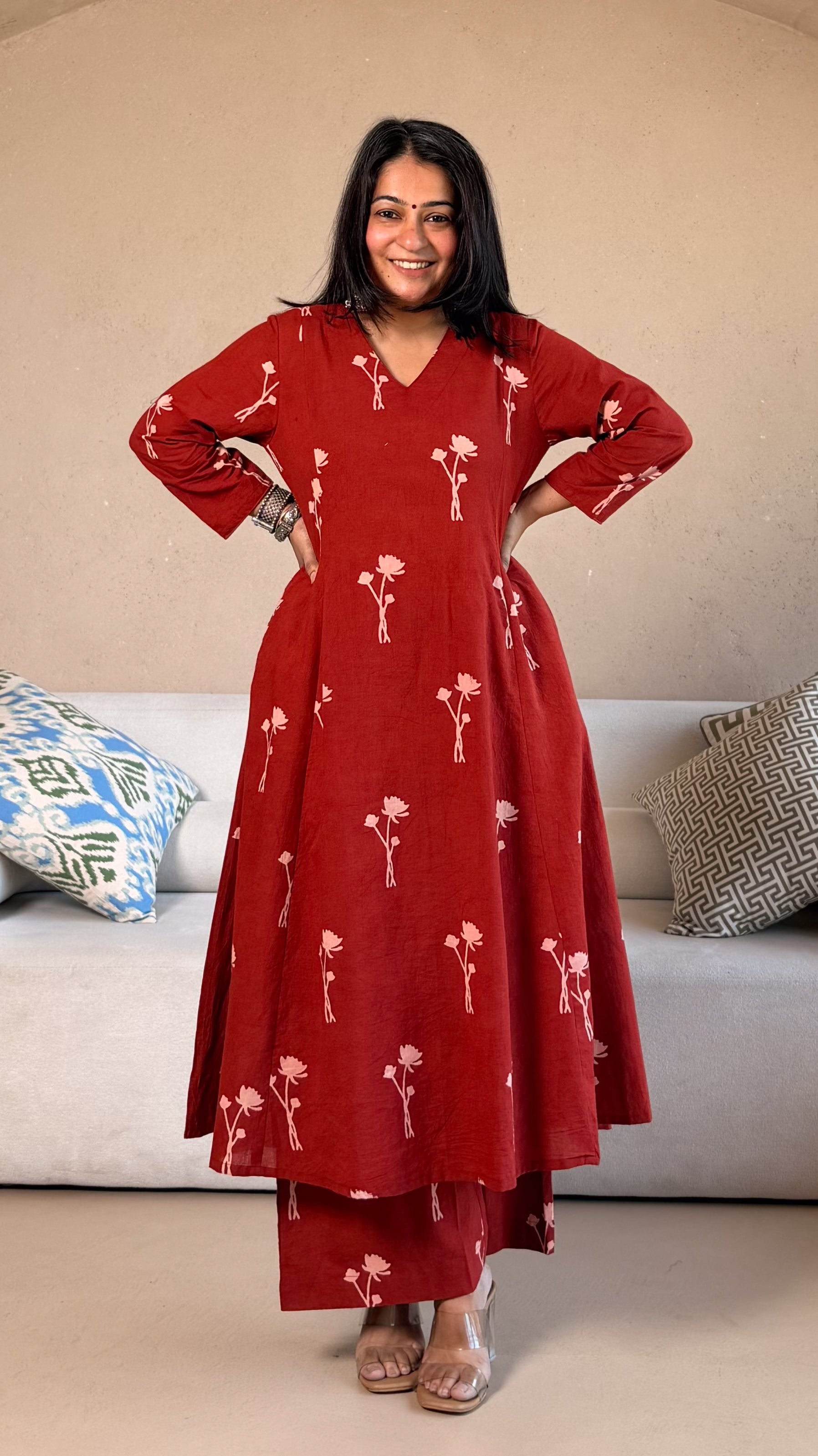 Sanaya Ajrakh Cotton Hand Block Kurta Set- Red