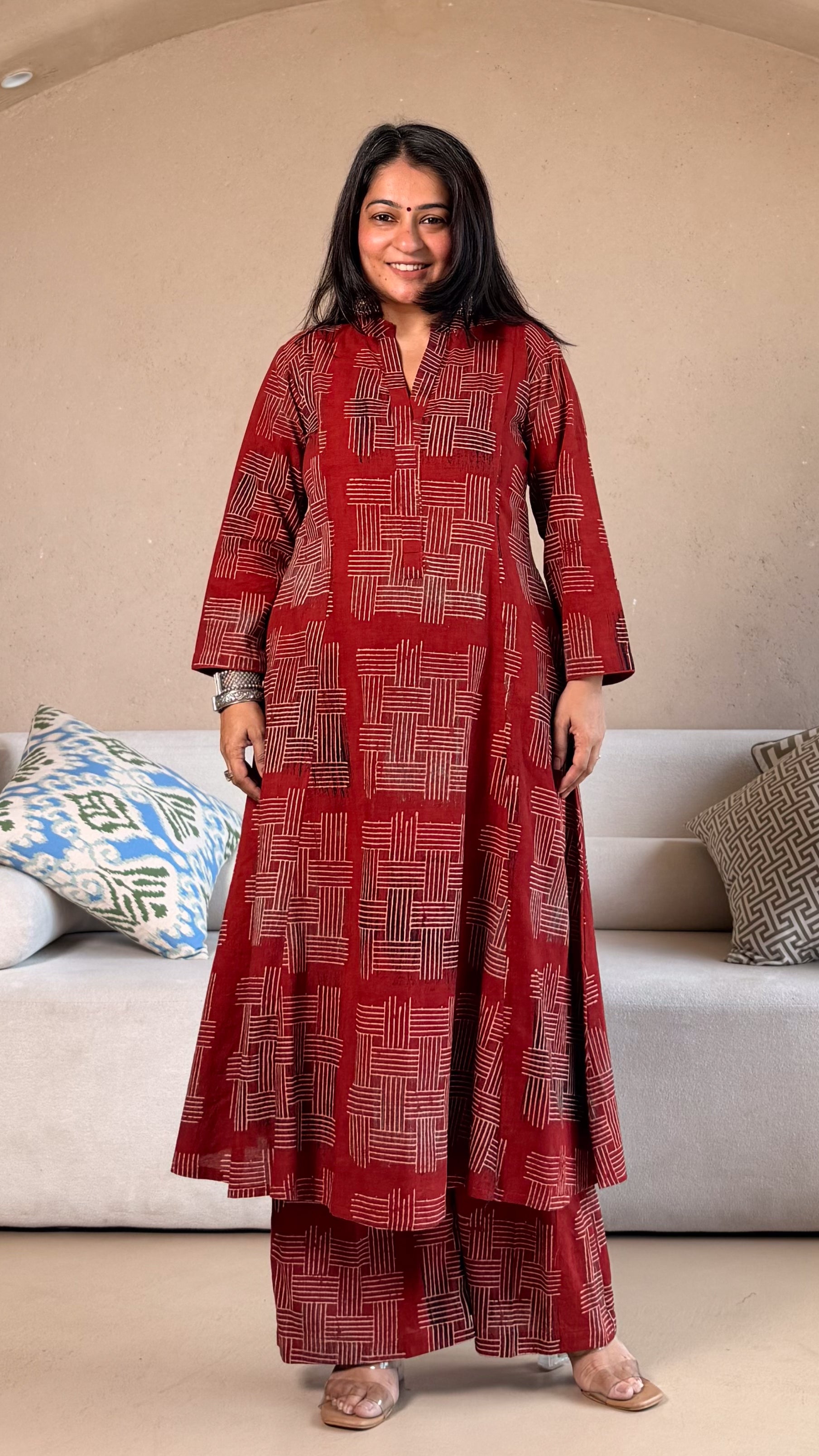 Radhika Ajrakh Cotton Hand Block Kurta Set- Red