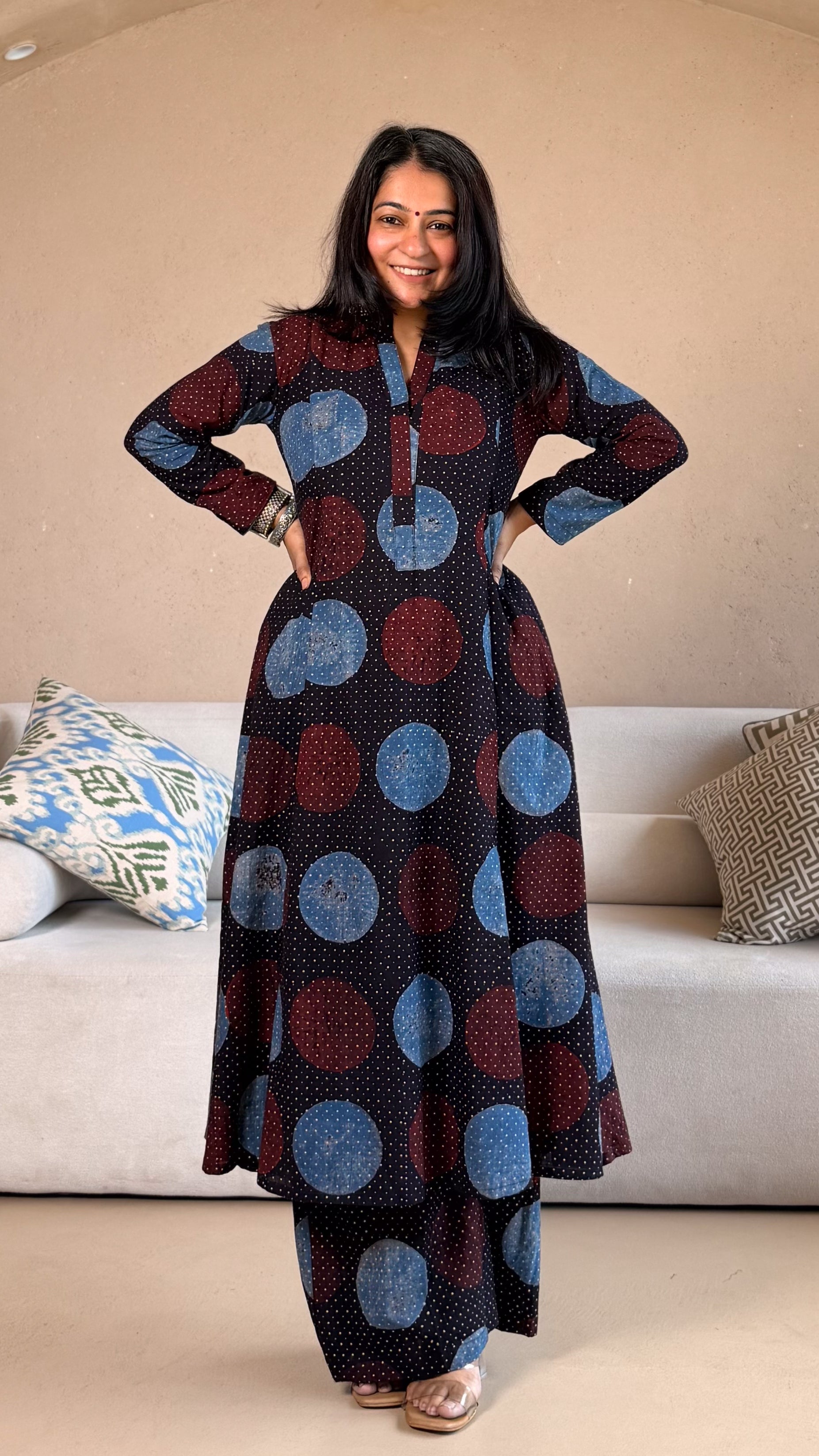 Zohra Ajrakh Cotton Hand Block Kurta Set- Black Polka Dots