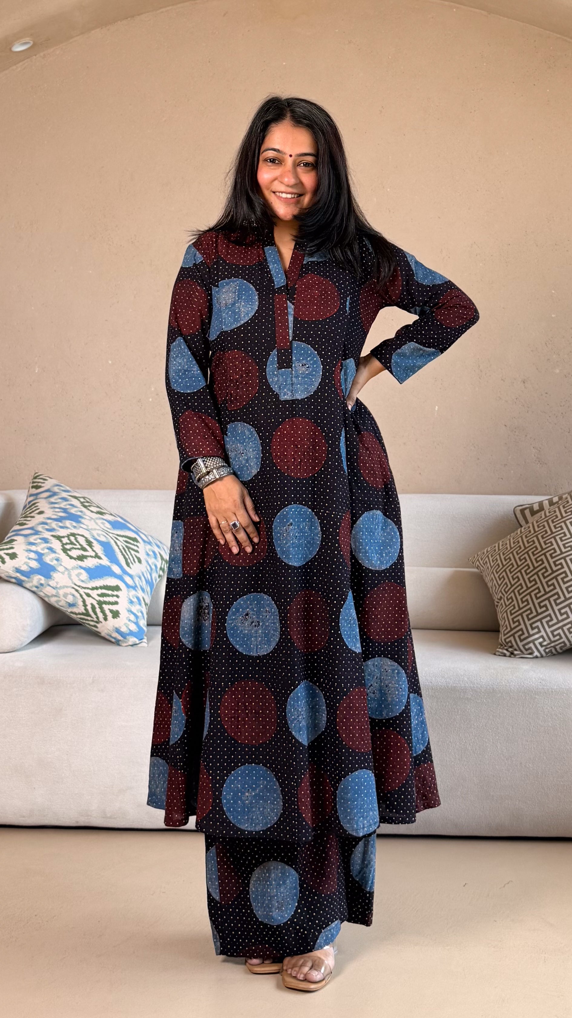 Zohra Ajrakh Cotton Hand Block Kurta Set- Black Polka Dots