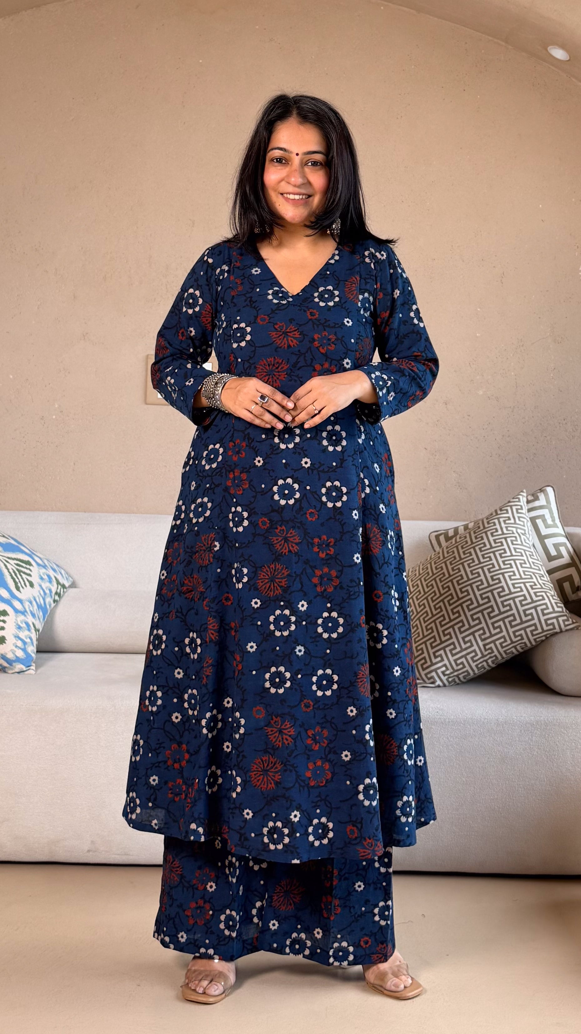 Nysa Floral Ajrakh Cotton Hand Block Kurta Set- Indigo