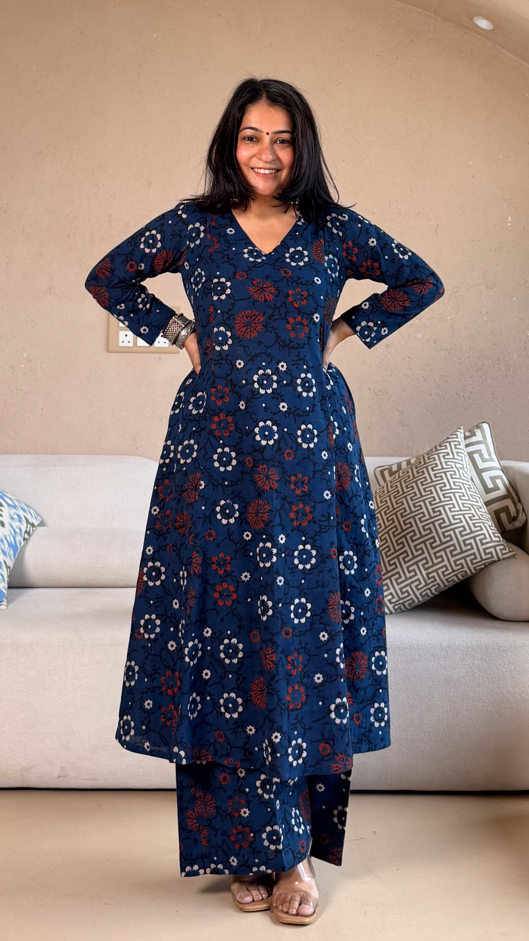 Nysa Floral Ajrakh Cotton Hand Block Kurta Set- Indigo