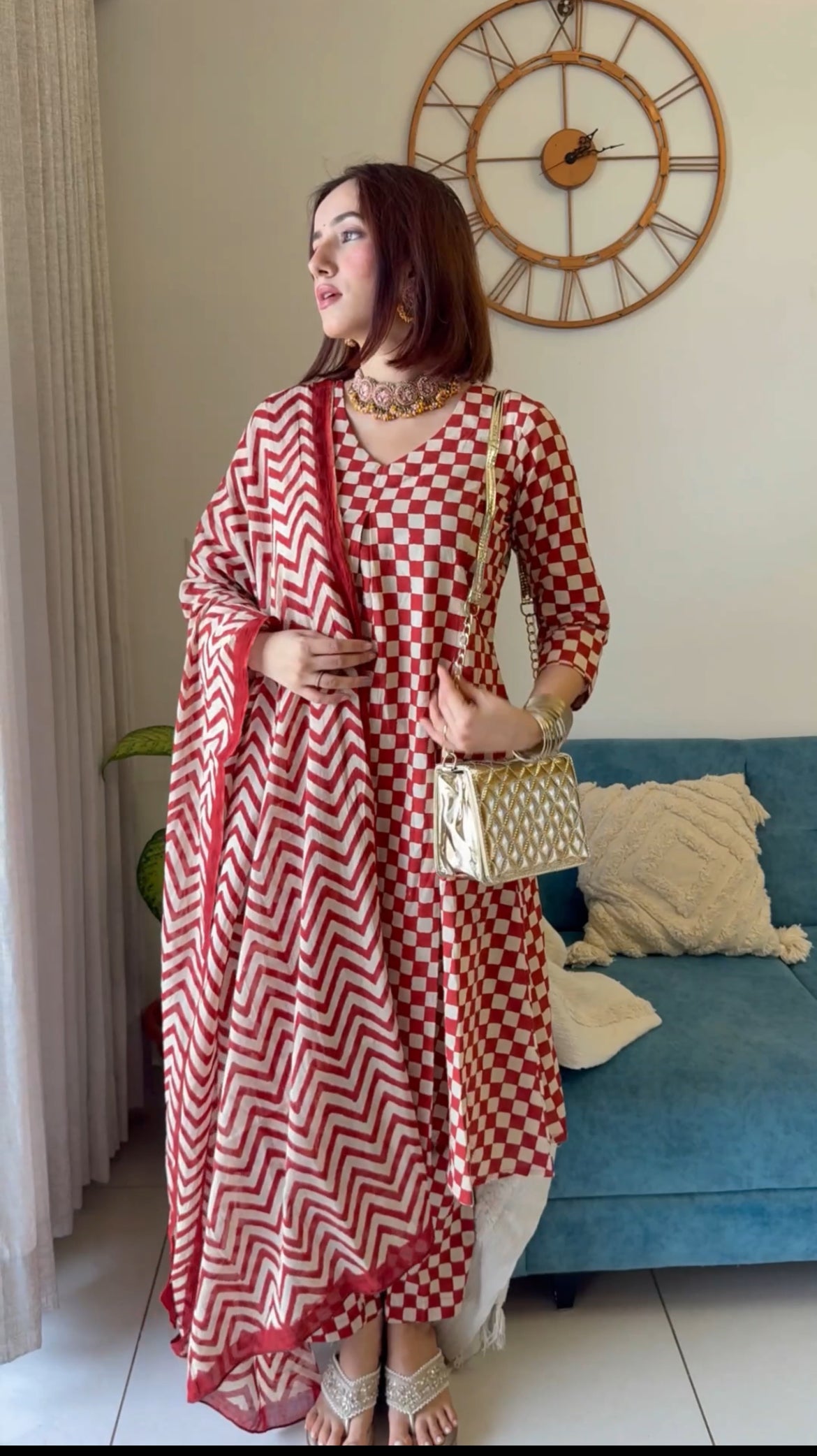Shree Checkered Hand Block A Line Cotton Kurta - Red