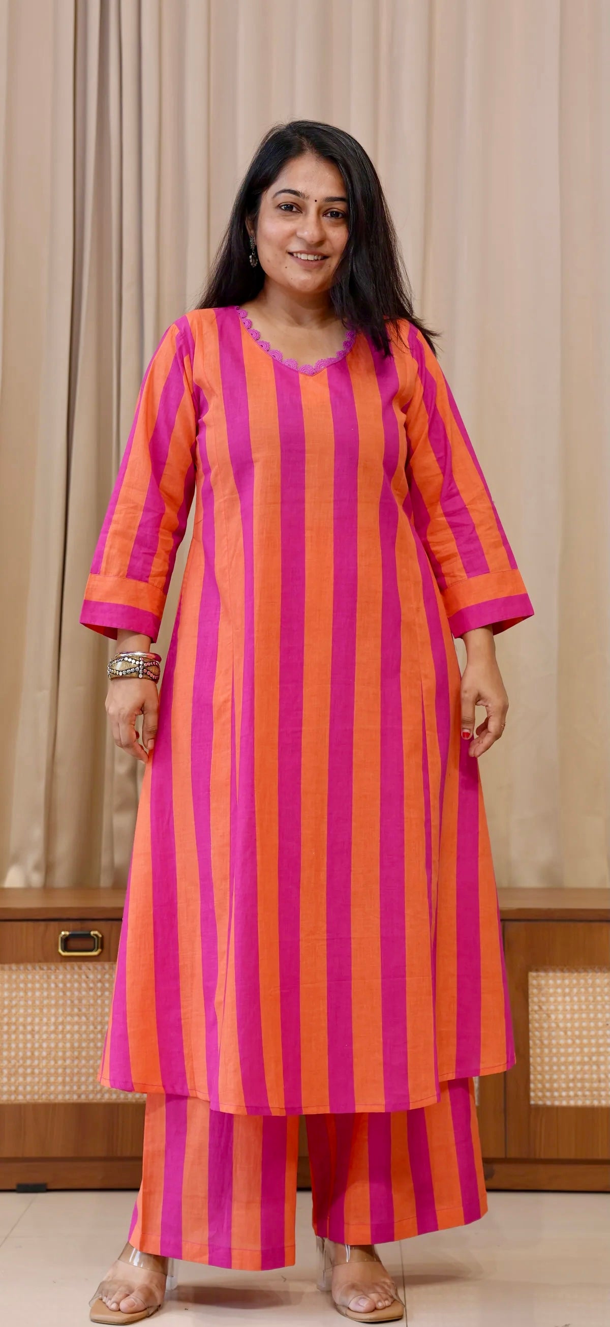 Orange/Pink Stripes Cotton Kurta