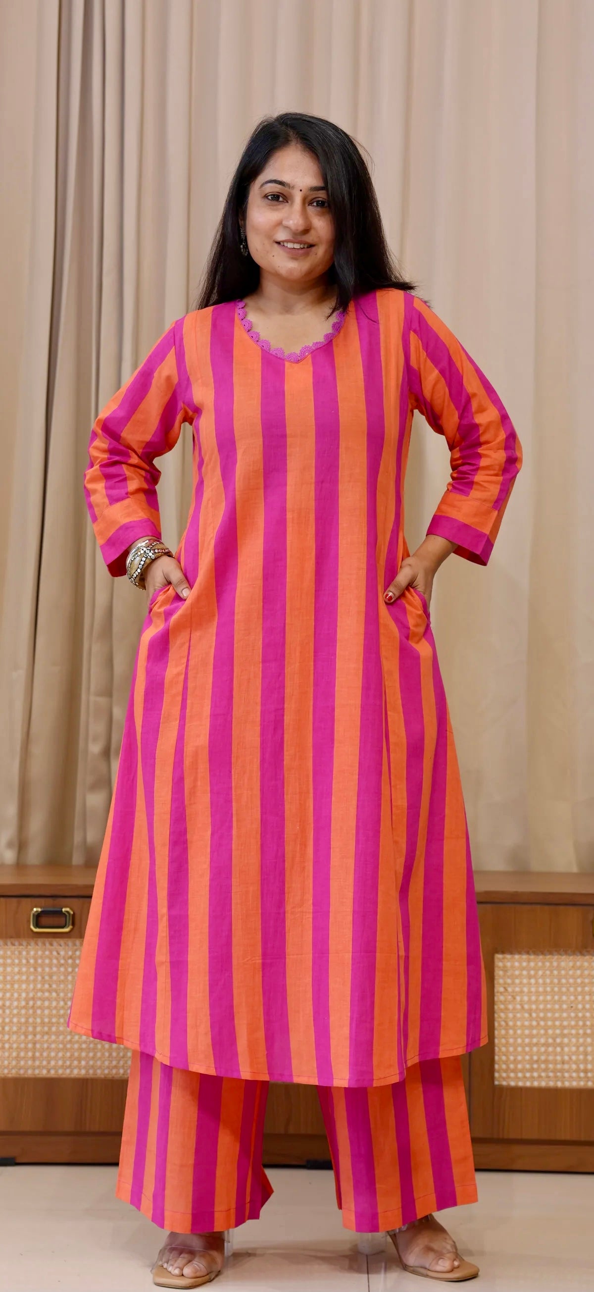 Orange/Pink Stripes Cotton Kurta