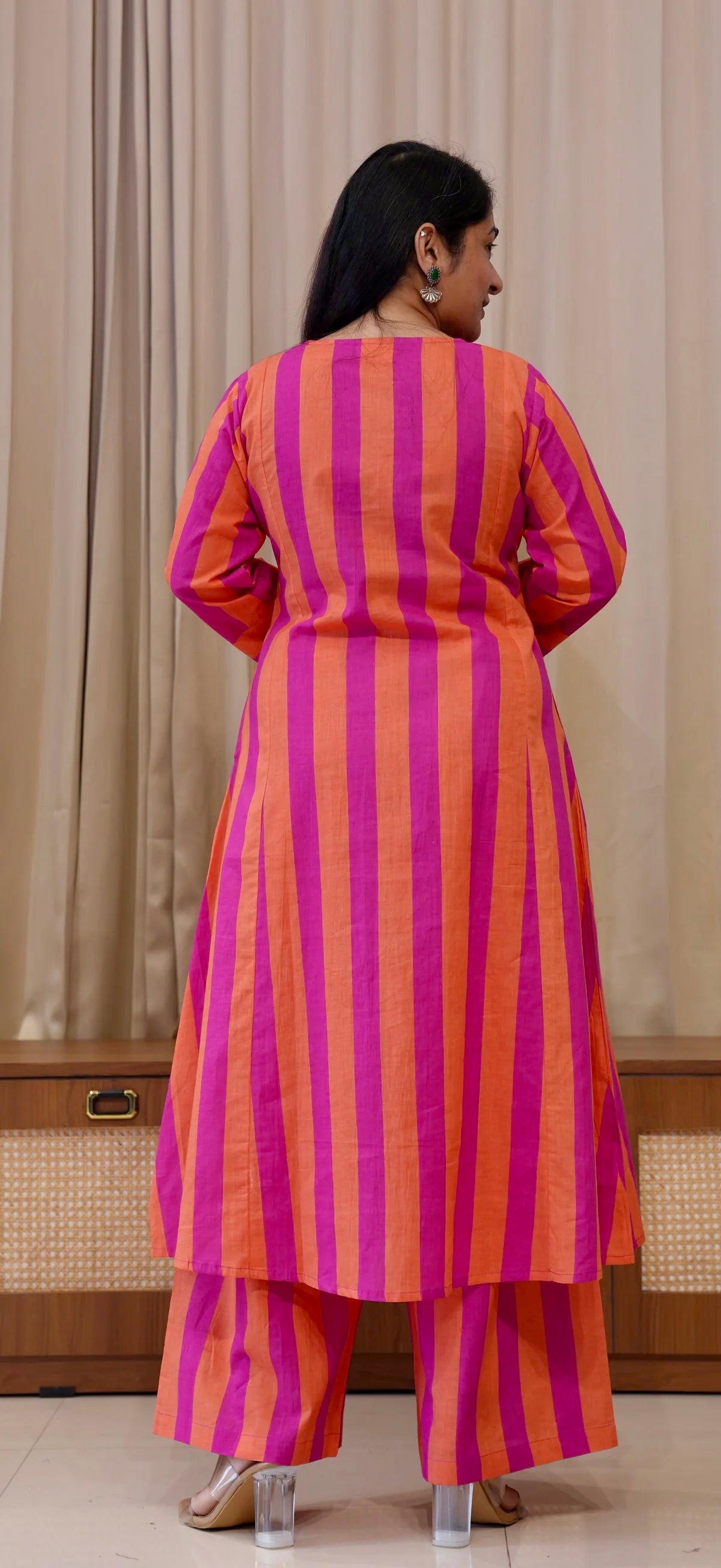 Orange/Pink Stripes Cotton Kurta