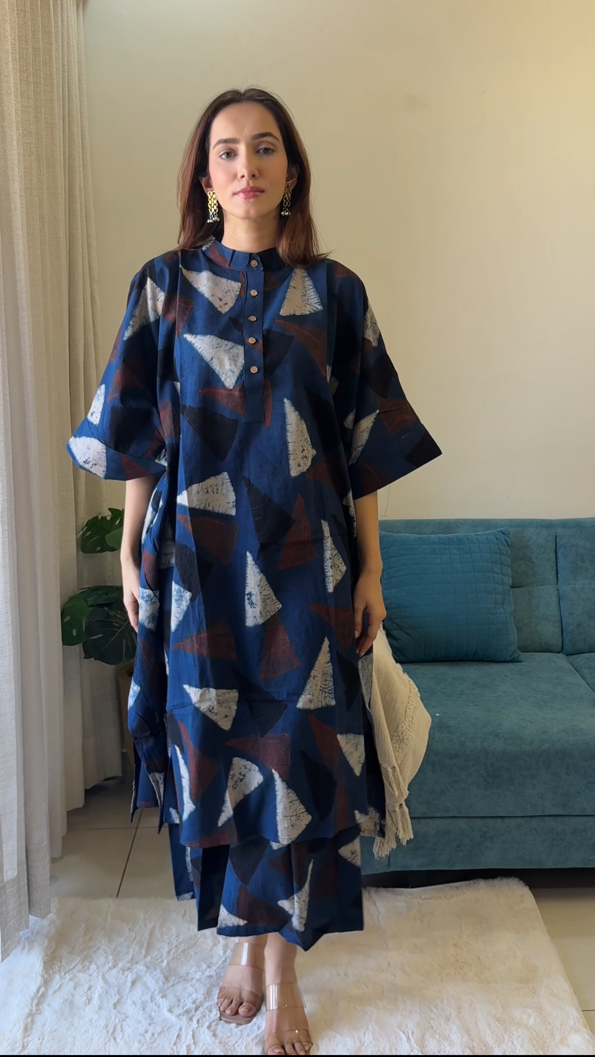 Minal Ajrakh Kaftan co-ord In Cotton - Indigo