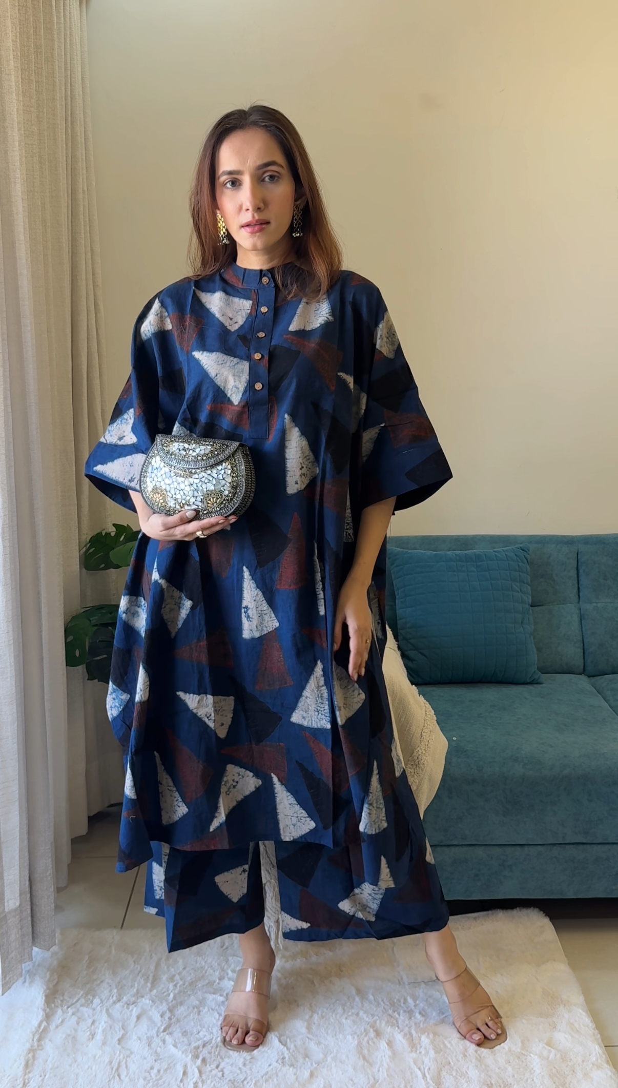 Minal Ajrakh Kaftan co-ord In Cotton - Indigo