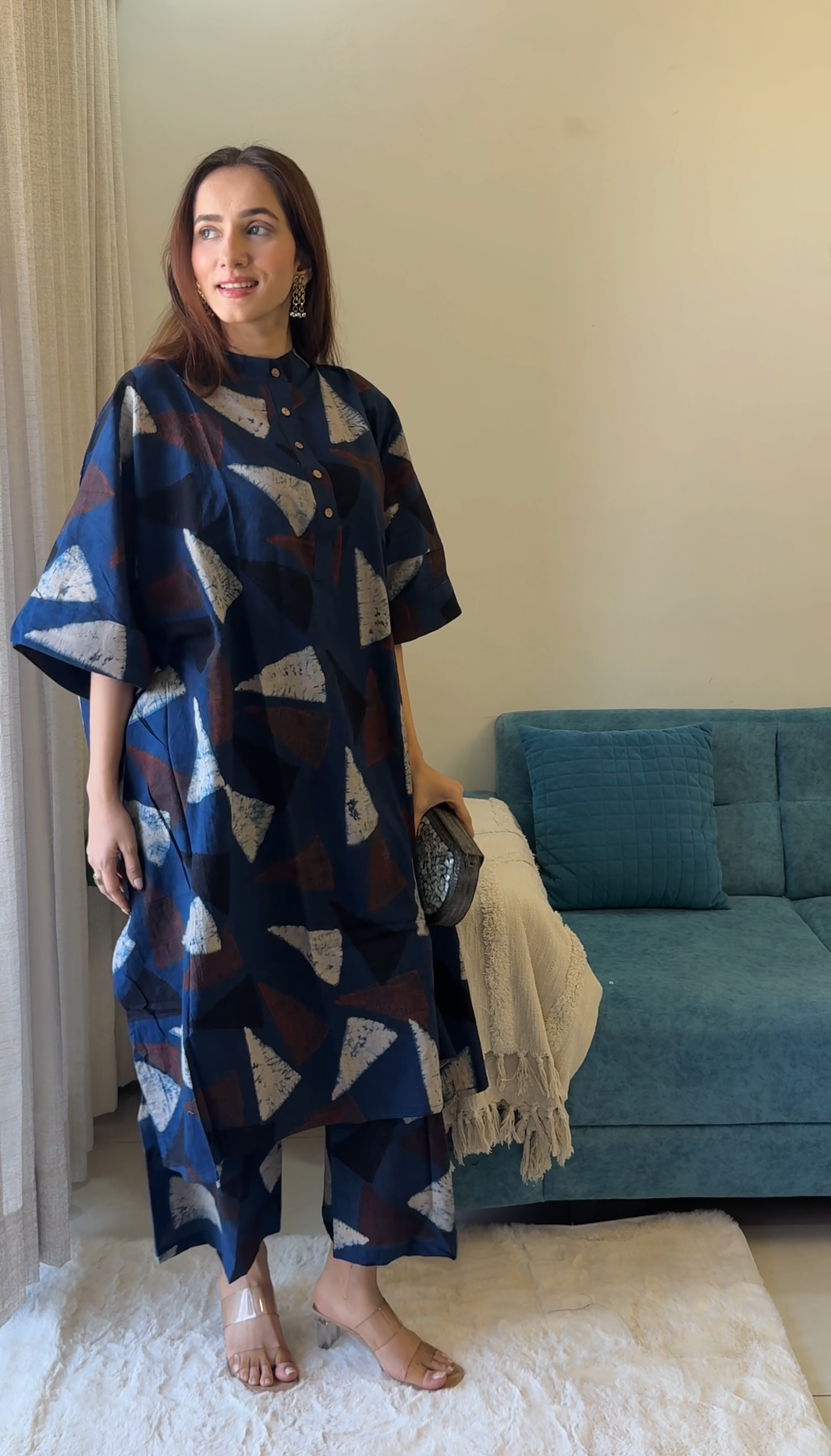 Minal Ajrakh Kaftan co-ord In Cotton - Indigo