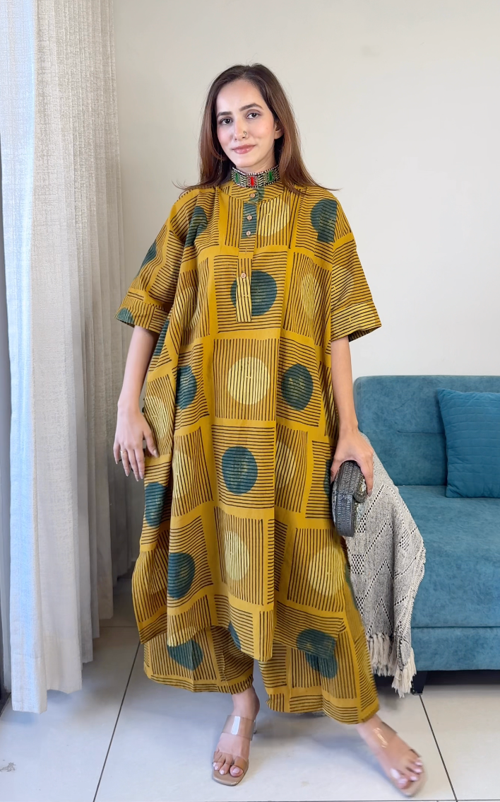 Yellow/Green Polka Dots Ajrakh Cotton Kaftan Co-ord