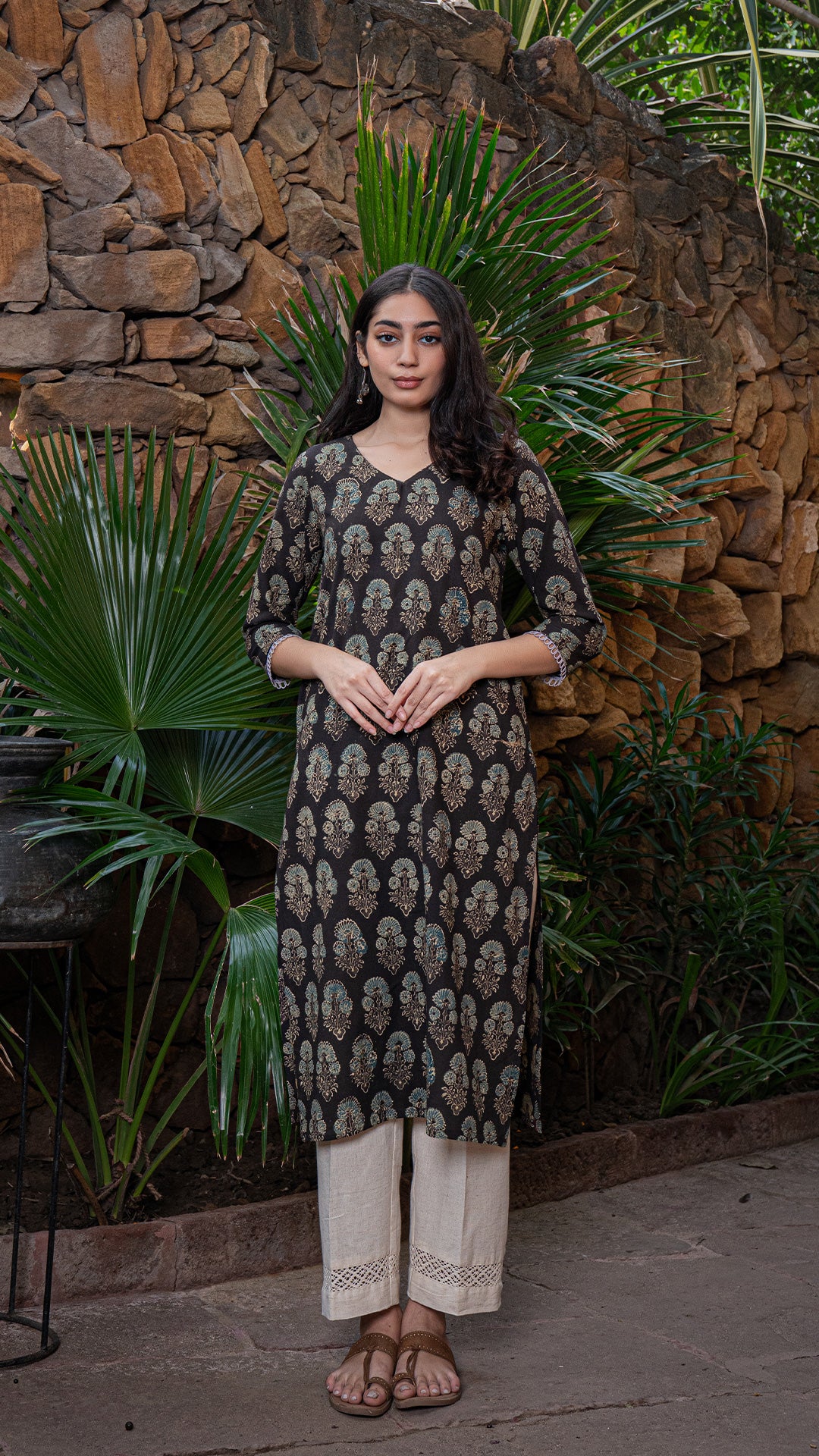 Rashmika Ajrakh Cotton Kurta - Charcoal