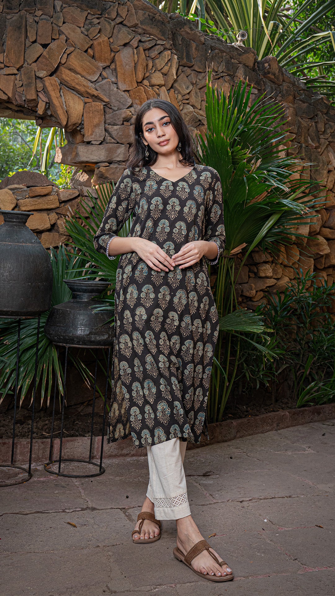 Rashmika Ajrakh Cotton Kurta - Charcoal