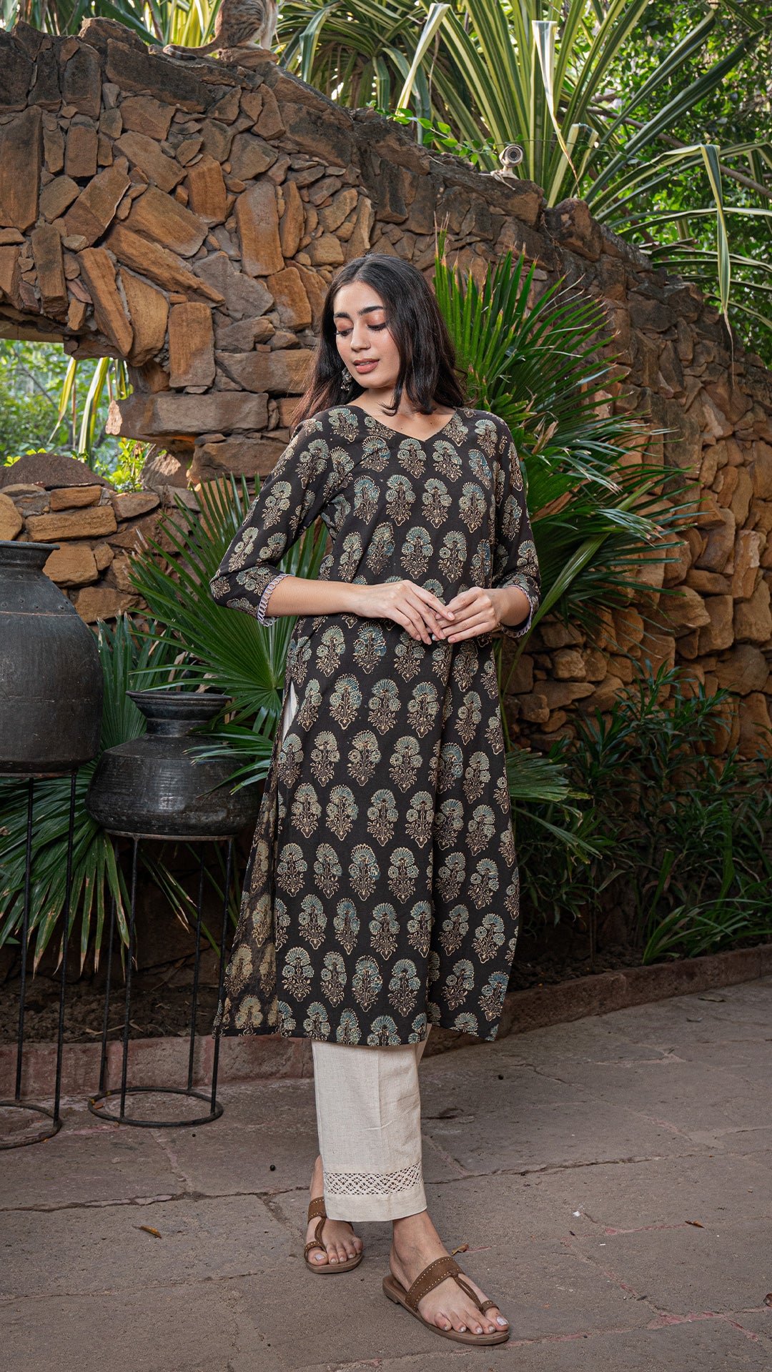 Rashmika Ajrakh Cotton Kurta - Charcoal