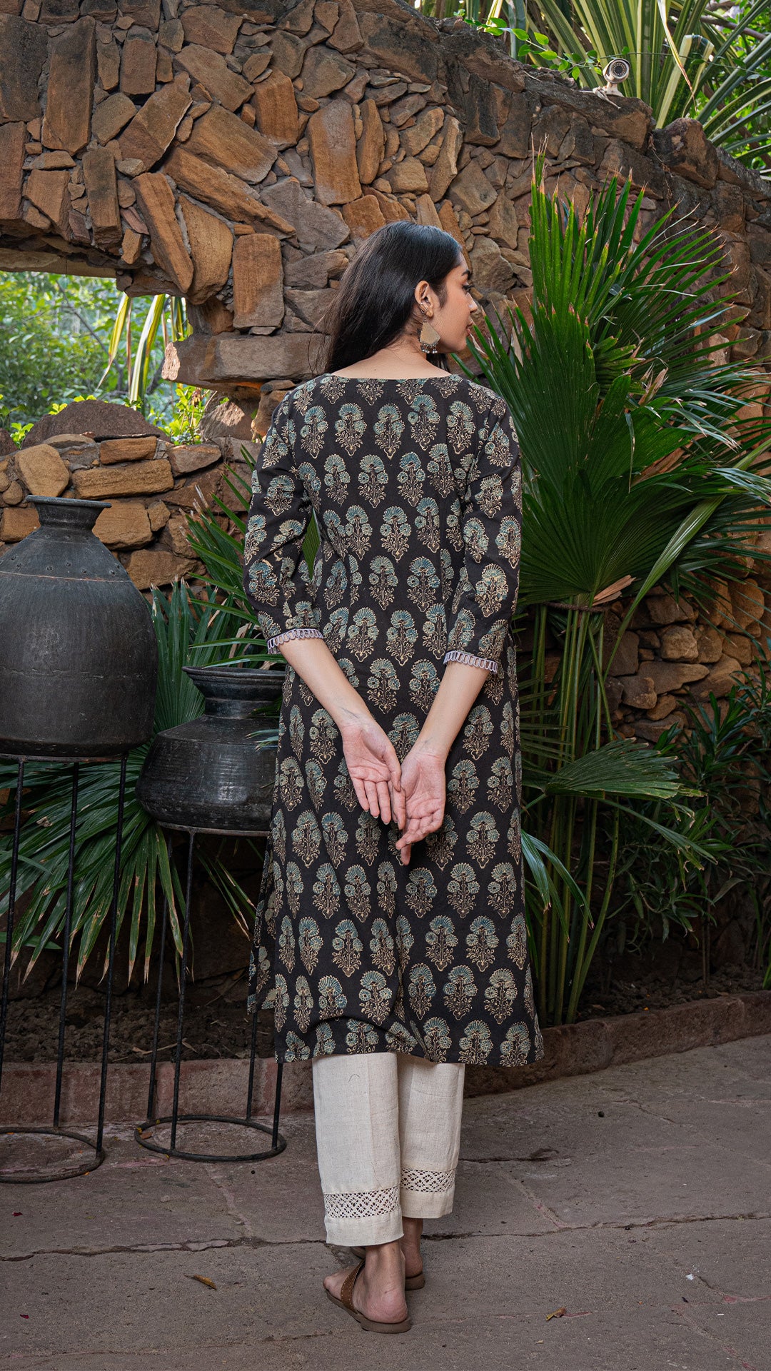 Rashmika Ajrakh Cotton Kurta - Charcoal