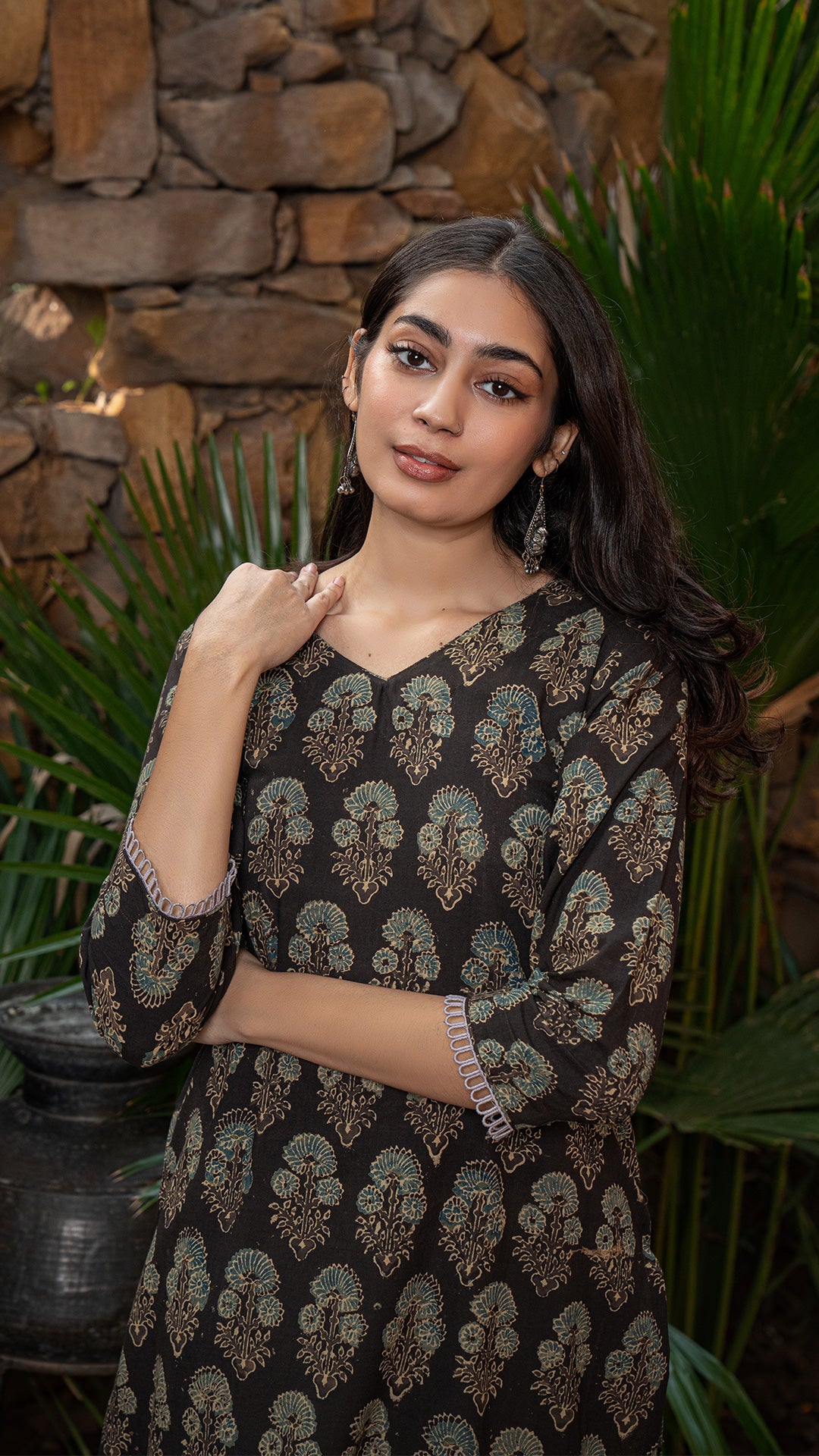 Rashmika Ajrakh Cotton Kurta - Charcoal