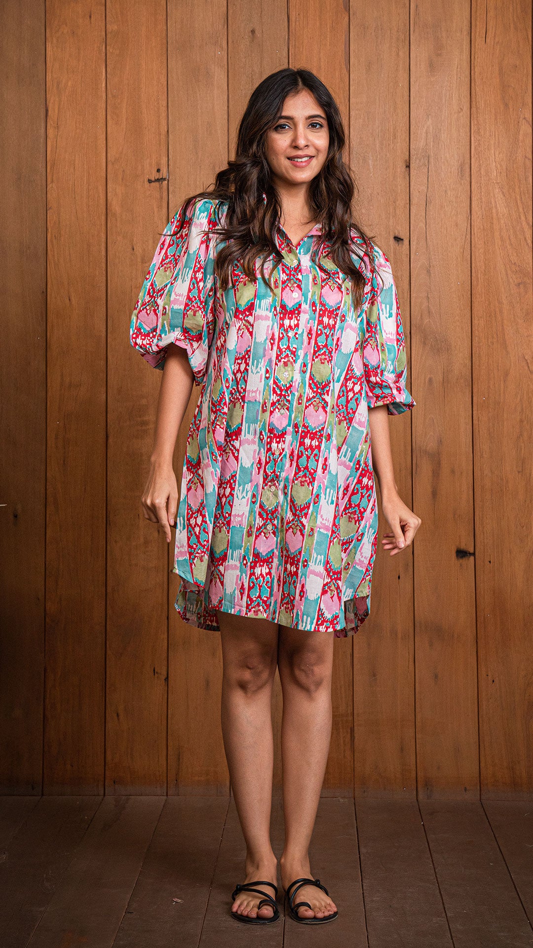Abstract Print Shirt Dress - Multi Colour