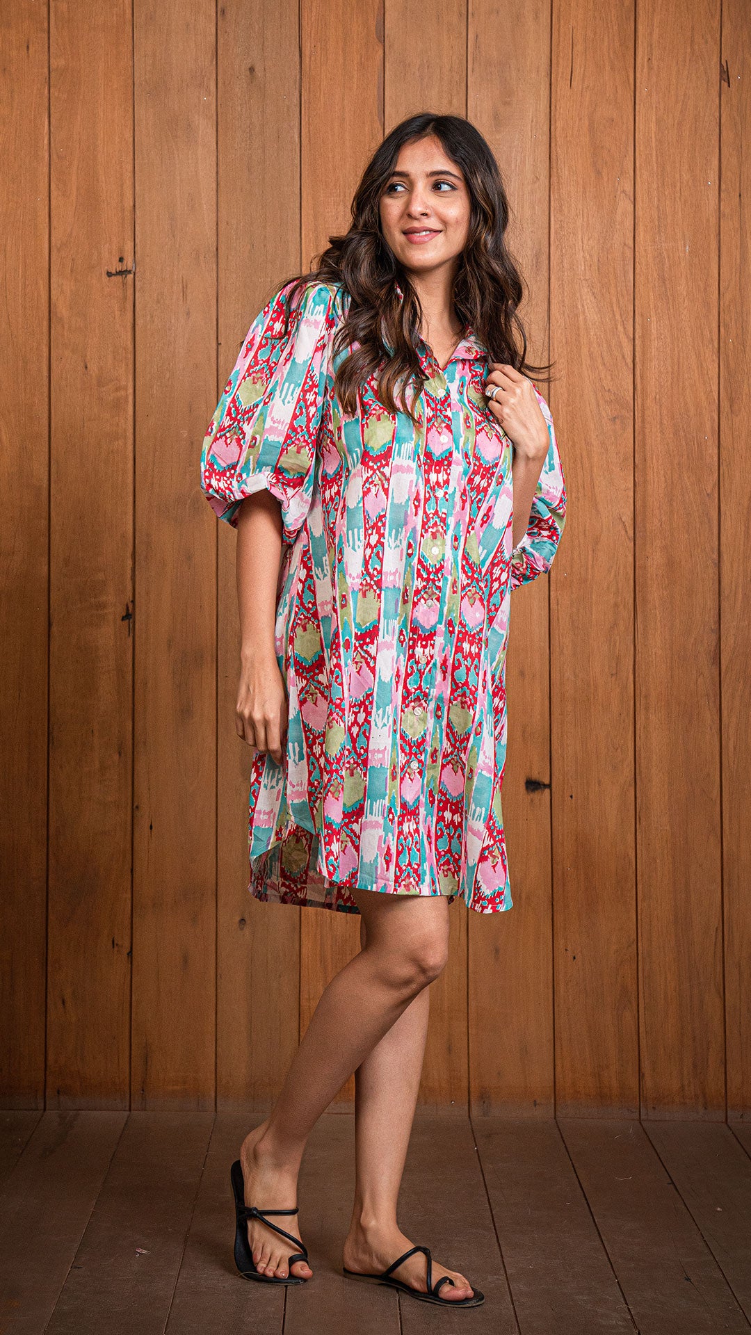 Abstract Print Shirt Dress - Multi Colour