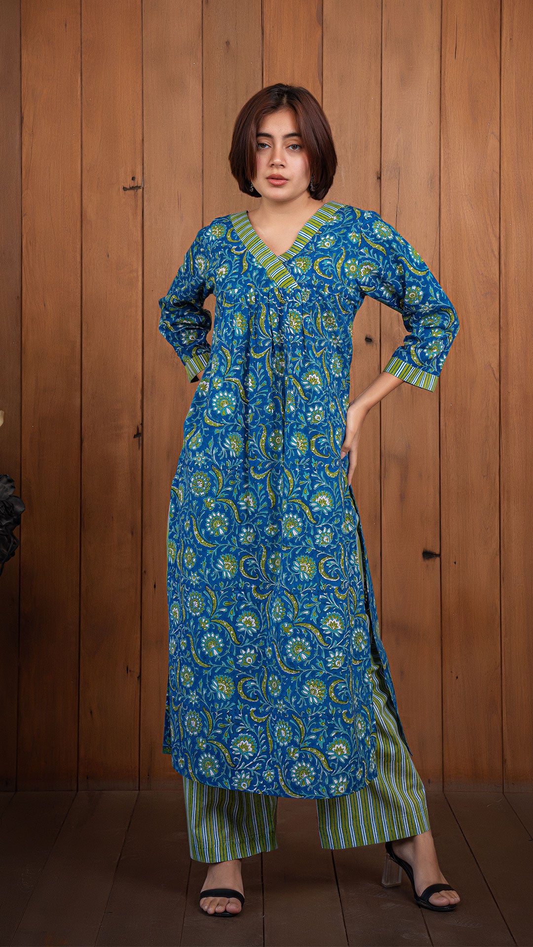 Trisha Sanganeri Hand Block Cotton Kurta - Blue/Green
