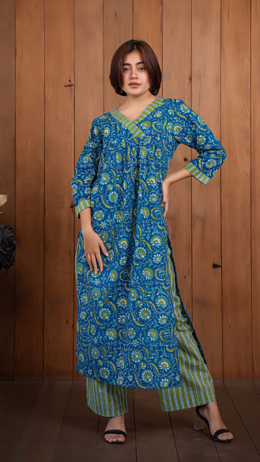 Trisha Sanganeri Hand Block Cotton Kurta - Blue/Green